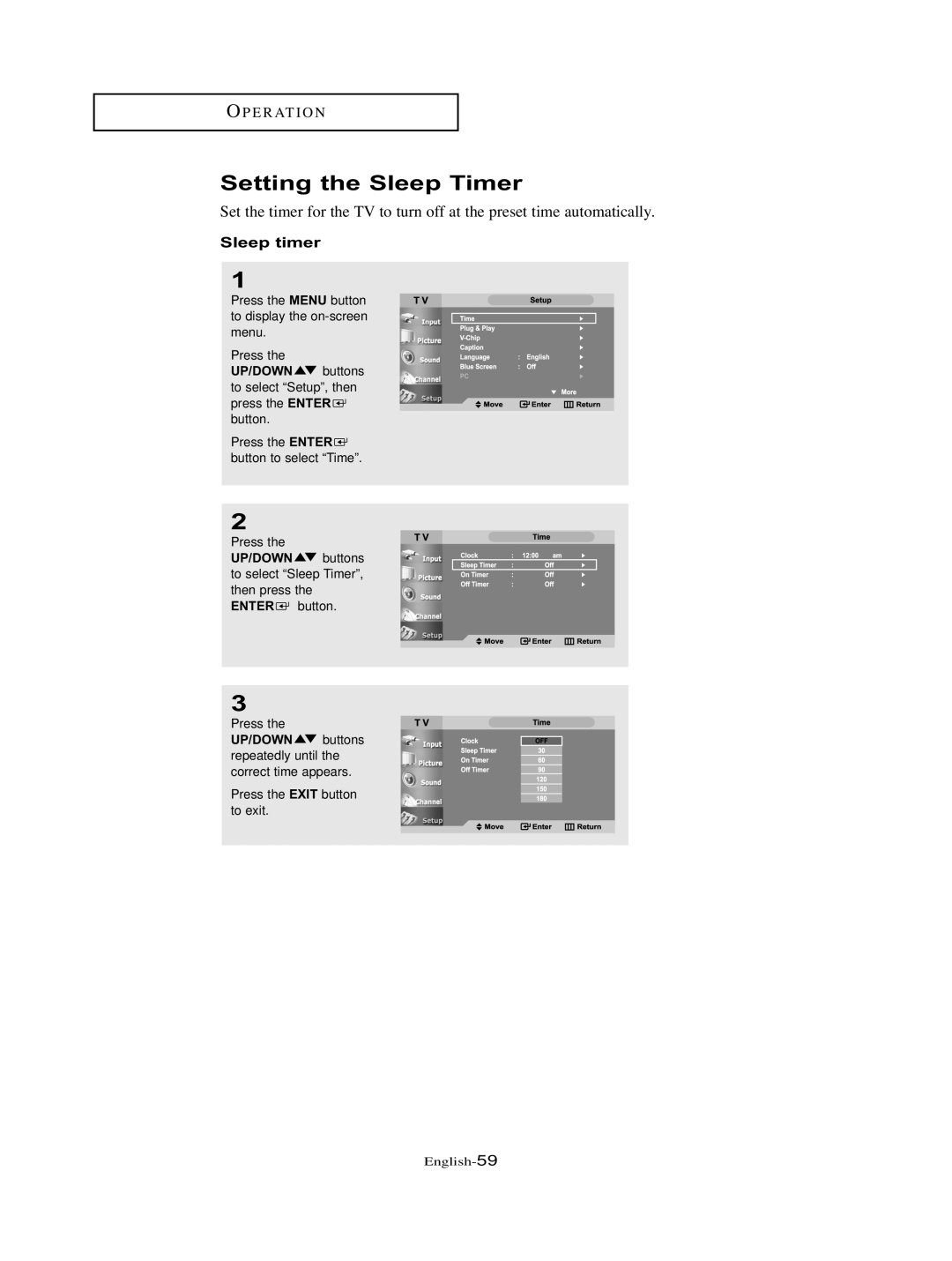 Samsung LT-P326W manual Setting the Sleep Timer, Sleep timer 