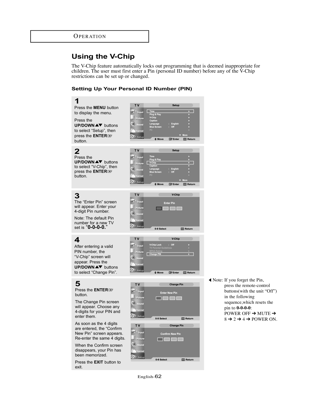 Samsung LT-P326W manual Using the V-Chip, Setting Up Your Personal ID Number PIN 