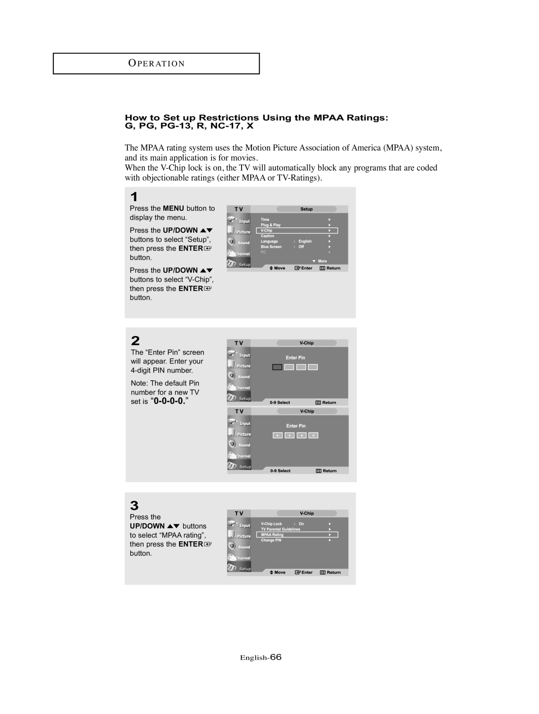 Samsung LT-P326W manual To select Mpaa rating, then press the Enter button 