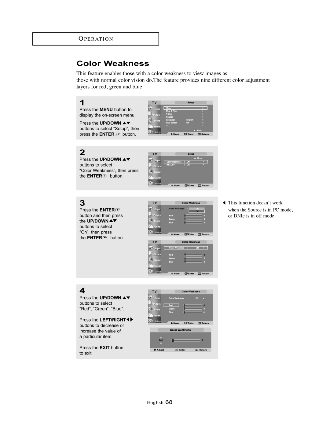 Samsung LT-P326W manual Color Weakness, Up/Down 