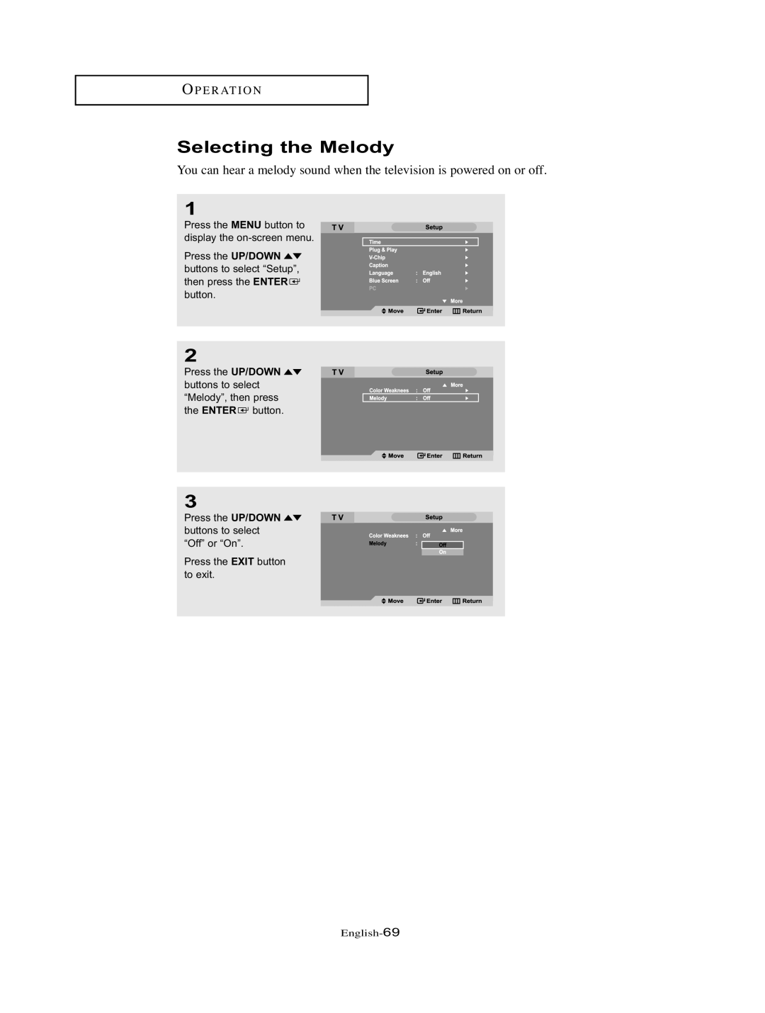 Samsung LT-P326W manual Selecting the Melody 