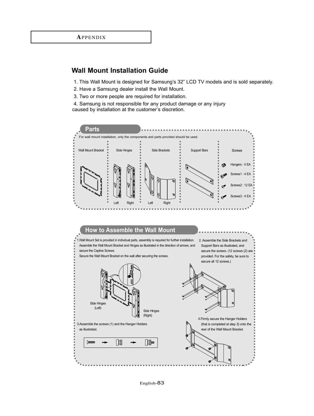 Samsung LT-P326W manual Wall Mount Installation Guide, Parts 