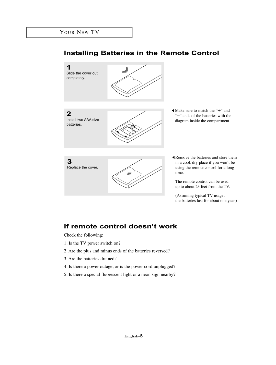 Samsung LT-P326W manual Installing Batteries in the Remote Control, If remote control doesn’t work 