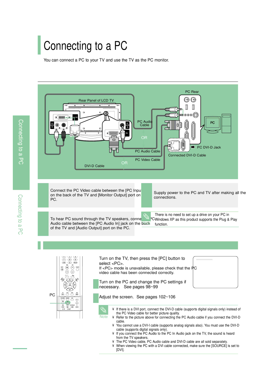 Samsung LT-P468W manual Connecting to a PC, Turn on the TV, then press the PC button to Select PC 