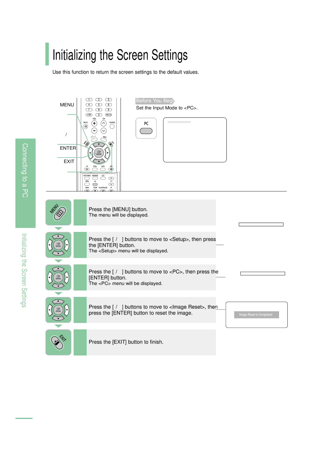 Samsung LT-P468W manual Initializing the Screen Settings 