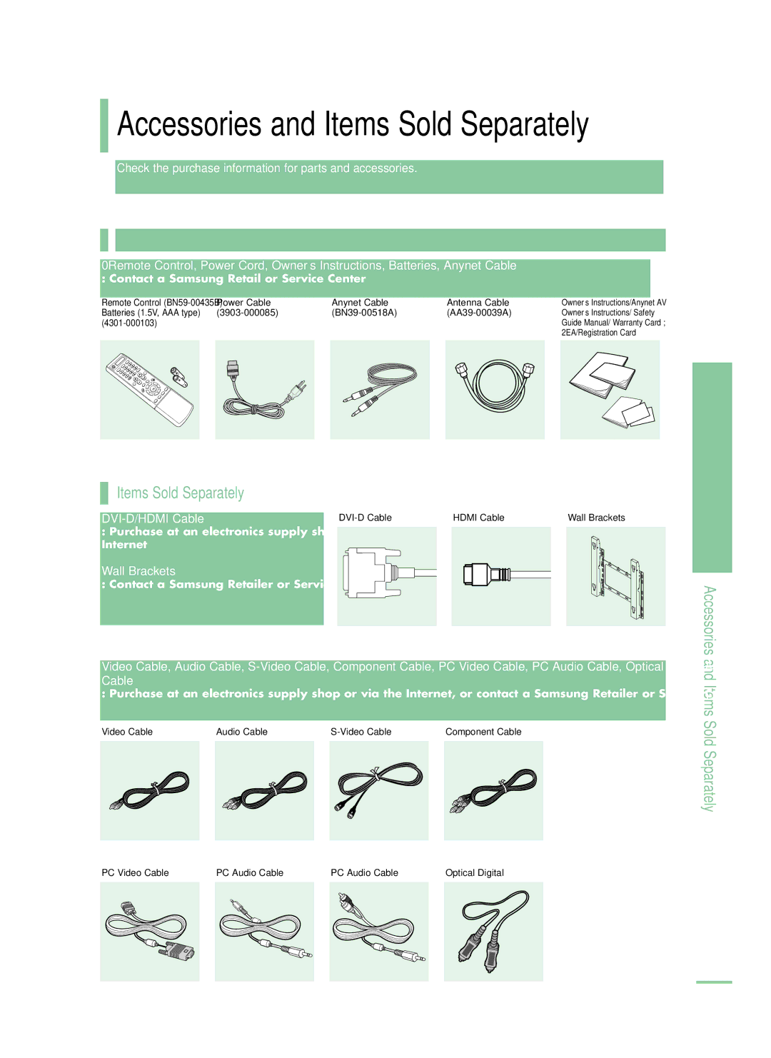 Samsung LT-P468W manual Accessories, Items Sold Separately, Check the purchase information for parts and accessories 