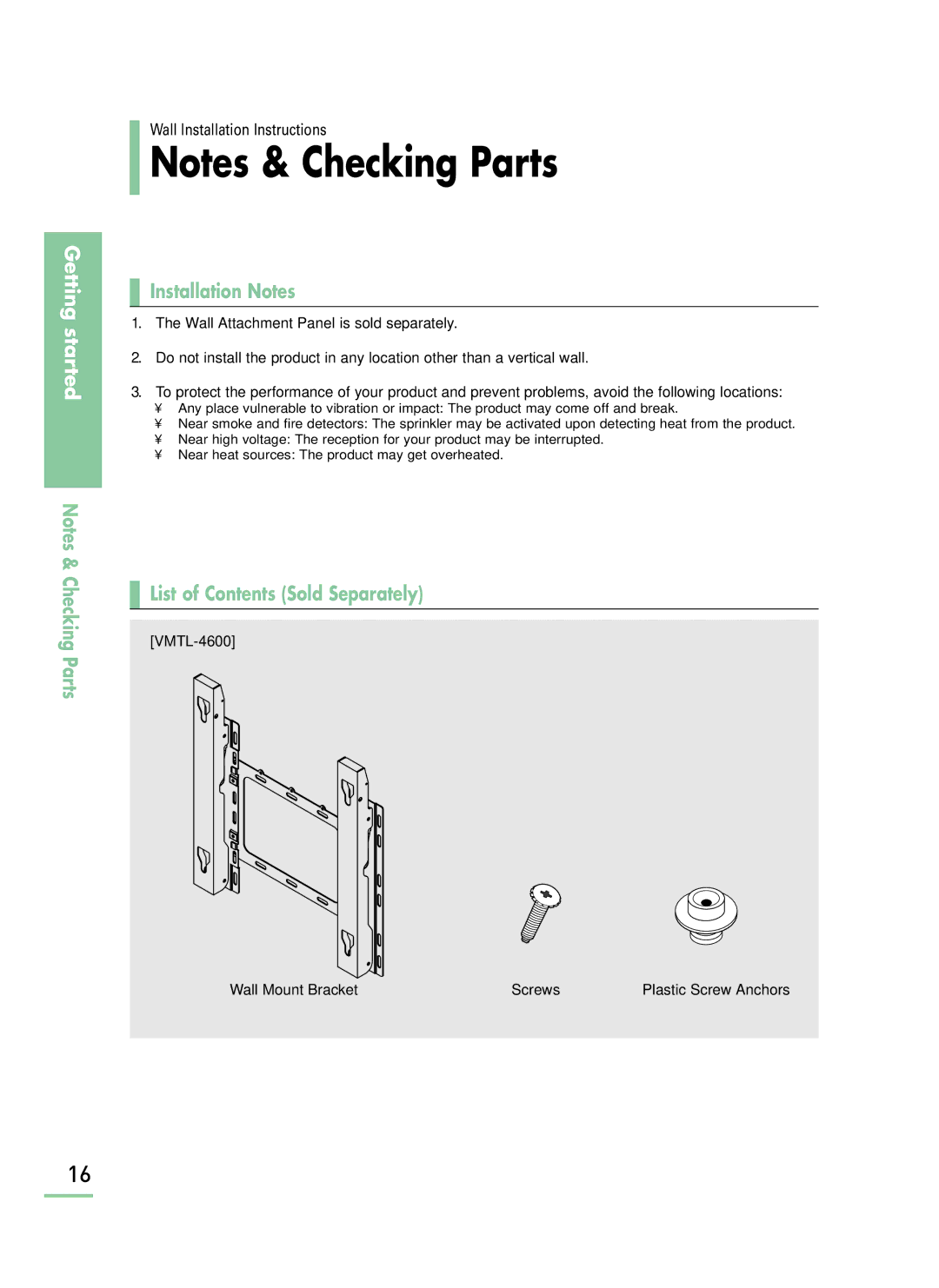 Samsung LT-P468W manual Installation Notes, List of Contents Sold Separately, Wall Mount Bracket Screws 