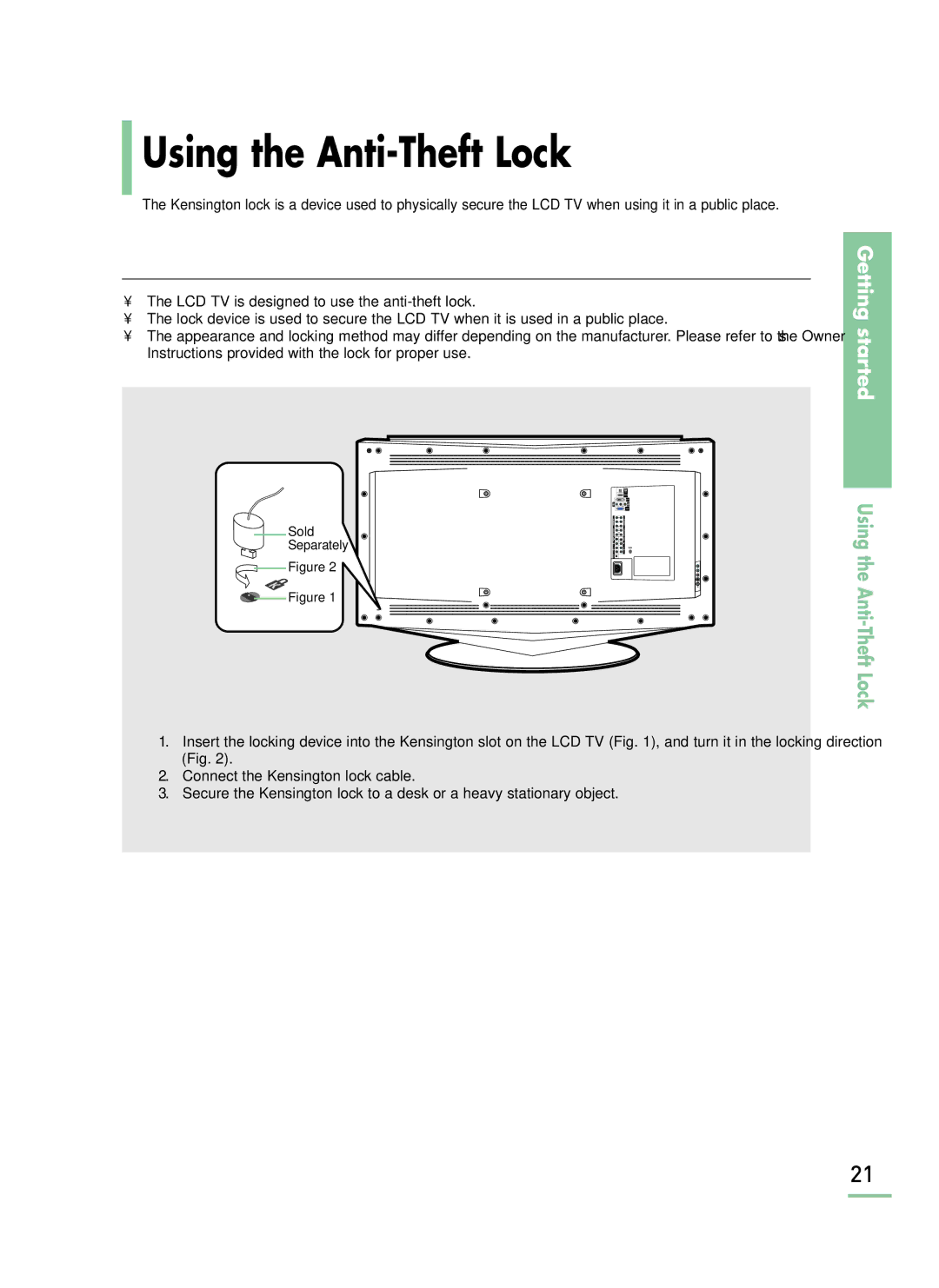 Samsung LT-P468W manual Using the Anti-Theft Lock, Sold Separately 