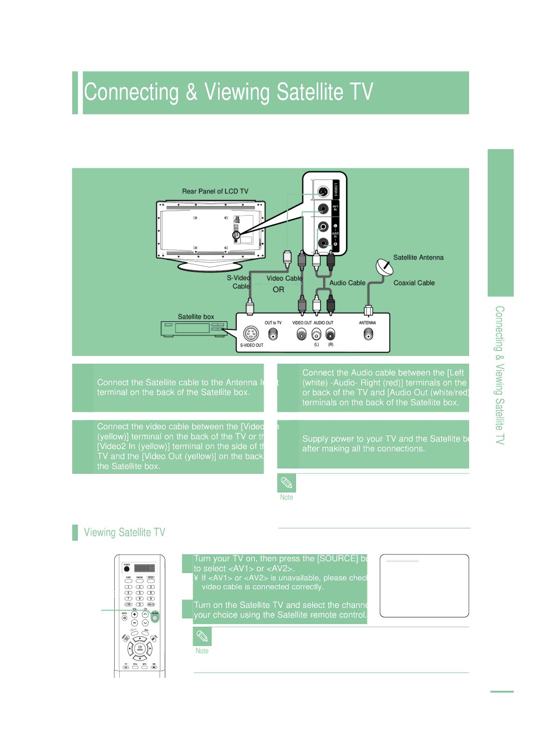 Samsung LT-P468W manual Connecting & Viewing Satellite TV, For a Satellite box with an S-VIDEO terminal, connect 