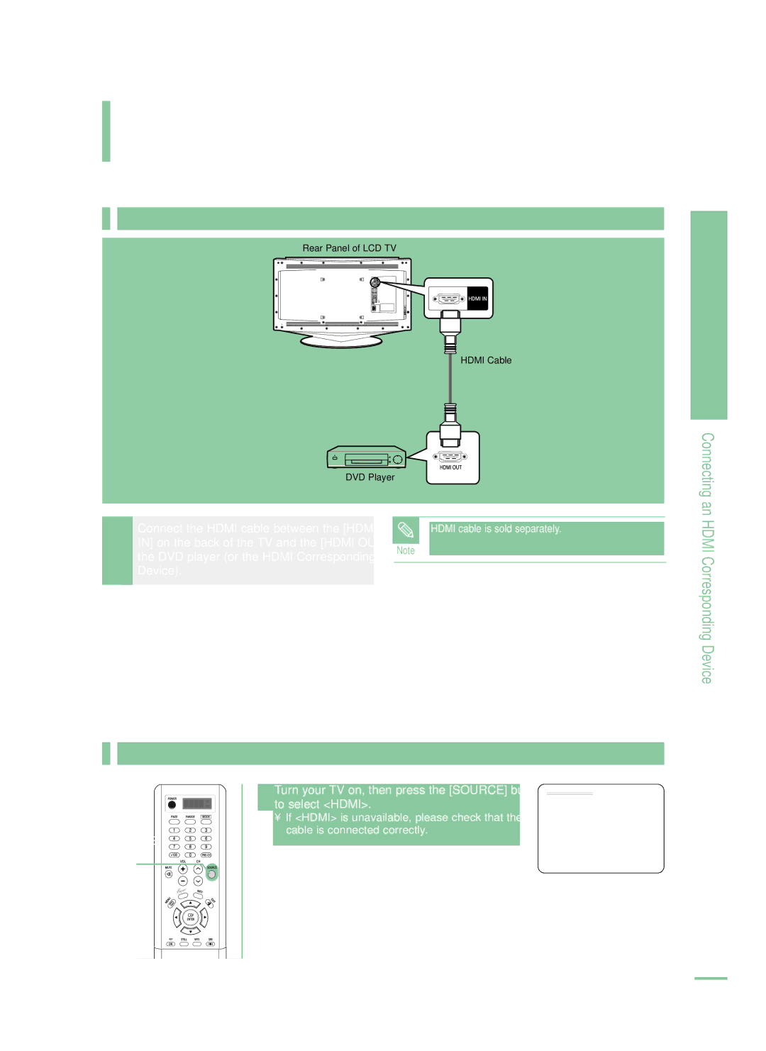 Samsung LT-P468W manual Hdmi Corresponding Device Output Terminal, Viewing a Hdmi Device 