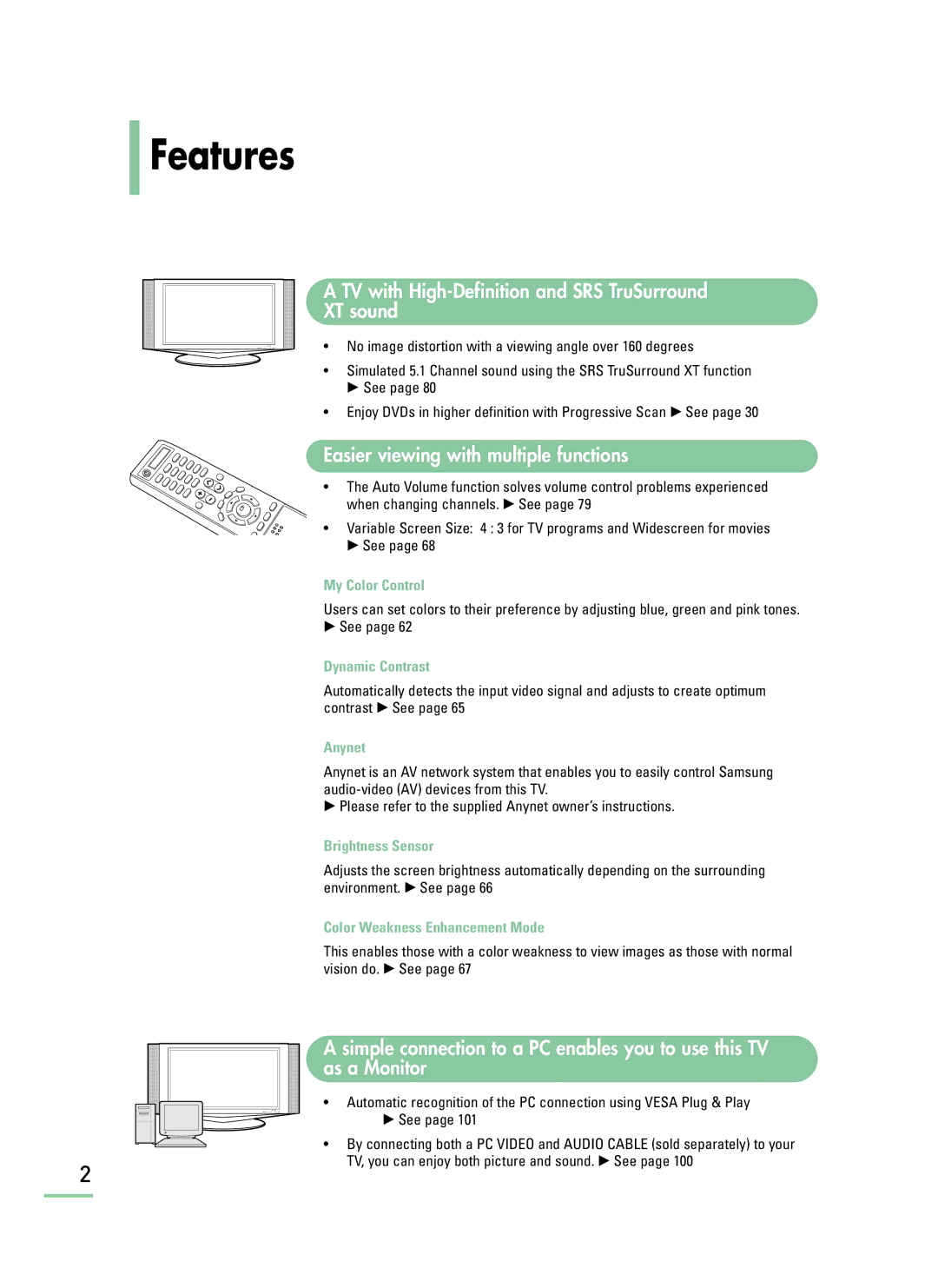 Samsung LT-P468W manual Features, TV with High-Definition and SRS TruSurround XT sound 