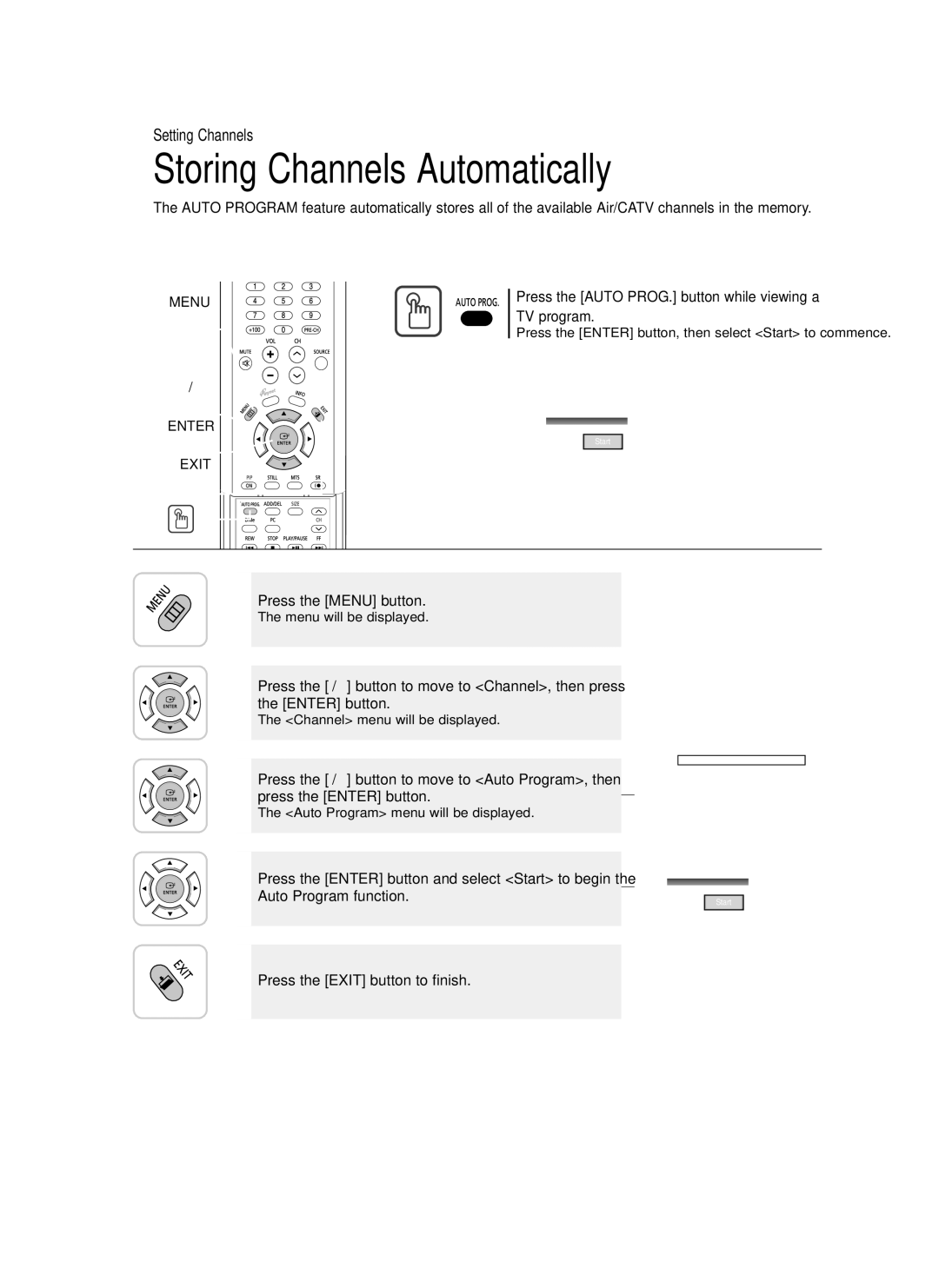 Samsung LT-P468W Storing Channels Automatically, Press the Auto PROG. button while viewing a TV program, Enter button 