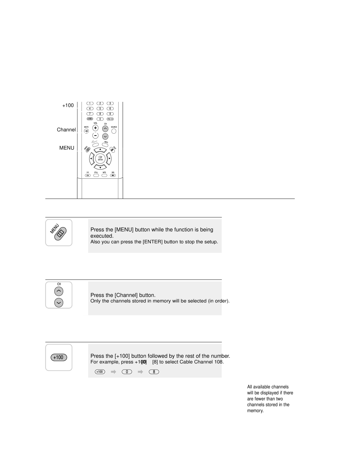 Samsung LT-P468W manual Press the Menu button while the function is being executed, Press the Channel button 