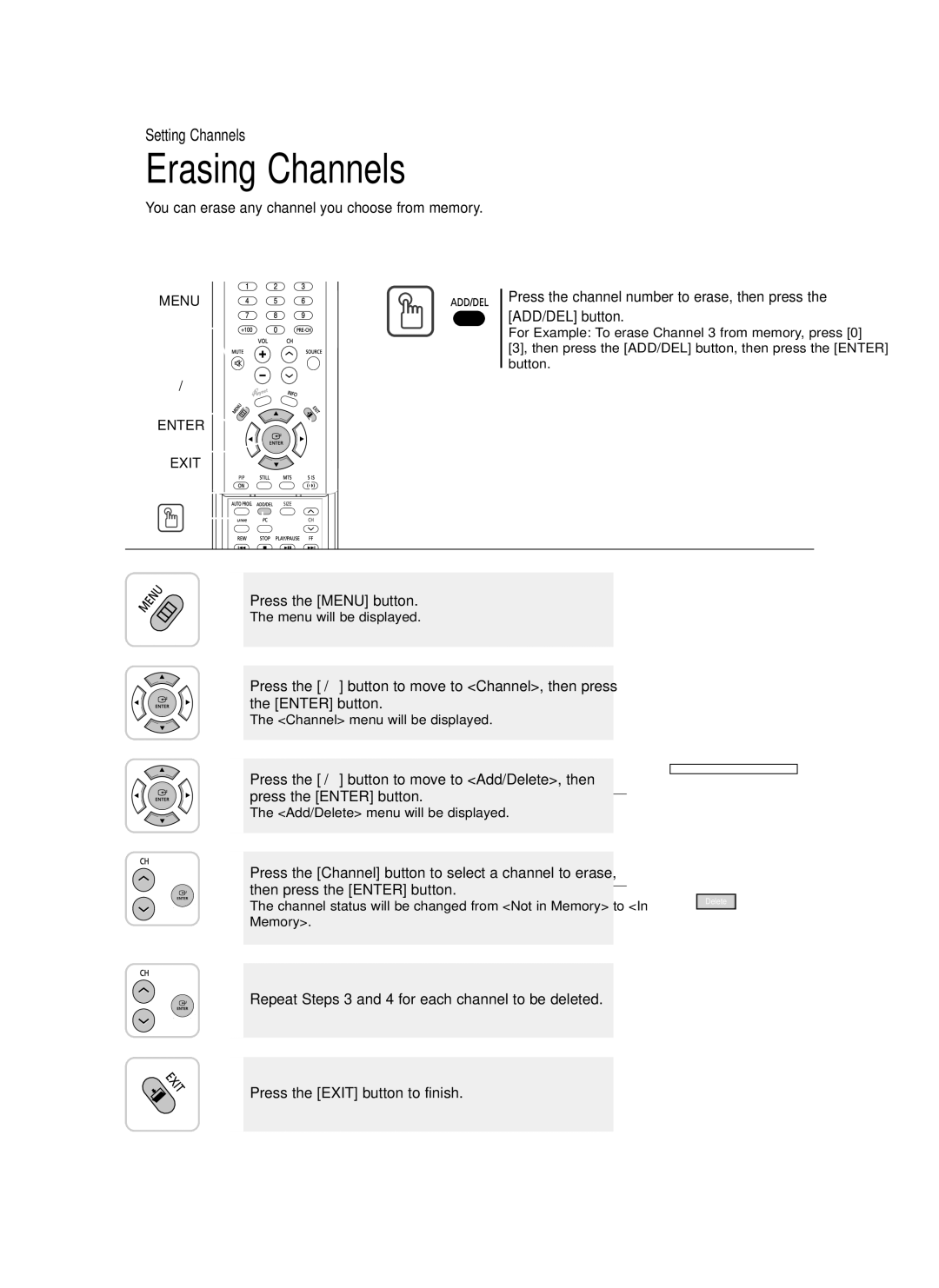 Samsung LT-P468W manual Erasing Channels, You can erase any channel you choose from memory 