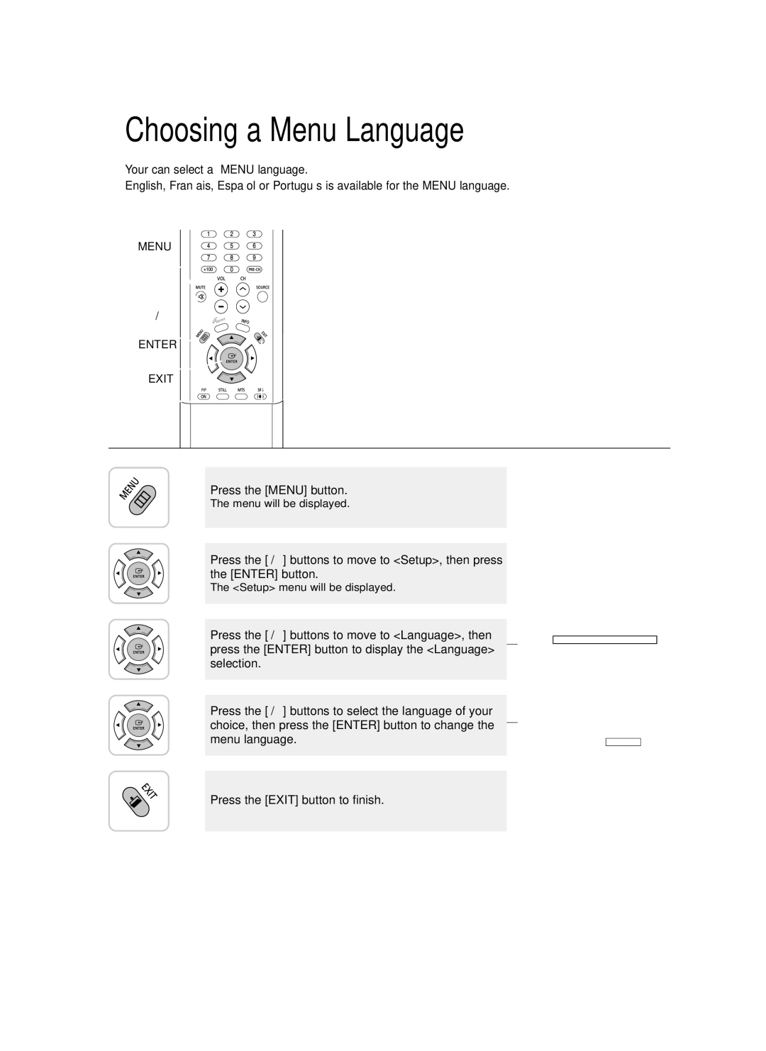 Samsung LT-P468W manual Choosing a Menu Language, Setup menu will be displayed 