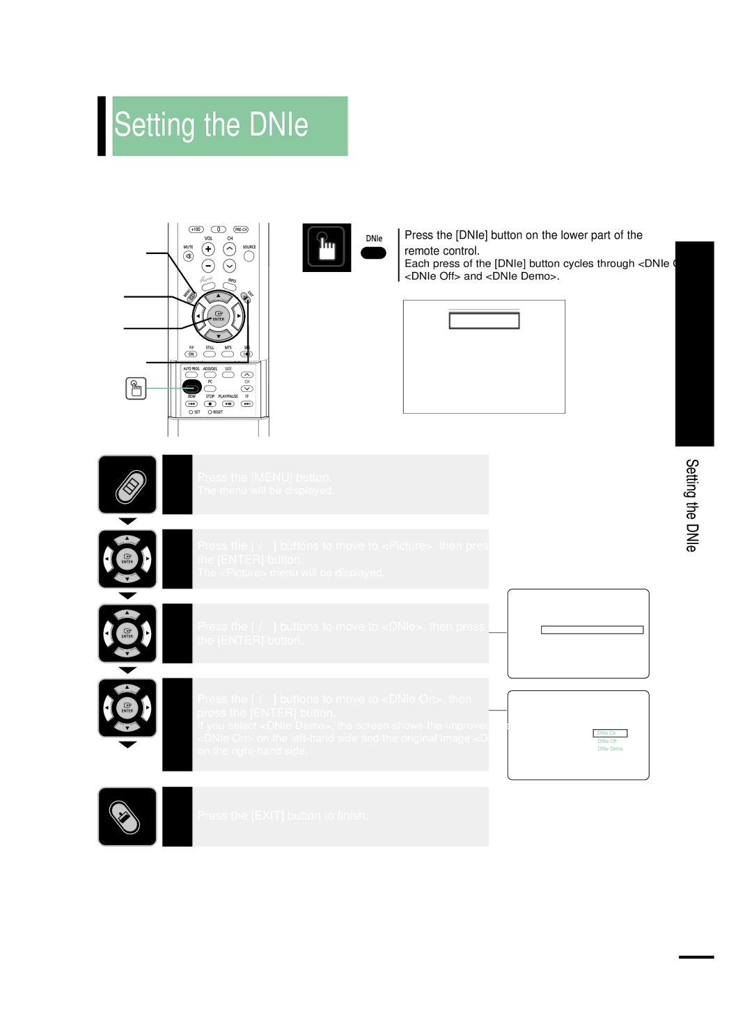 Samsung LT-P468W manual Setting the DNIe, Remote control, Press the DNIe button on the lower part, DNIe Off and DNIe Demo 