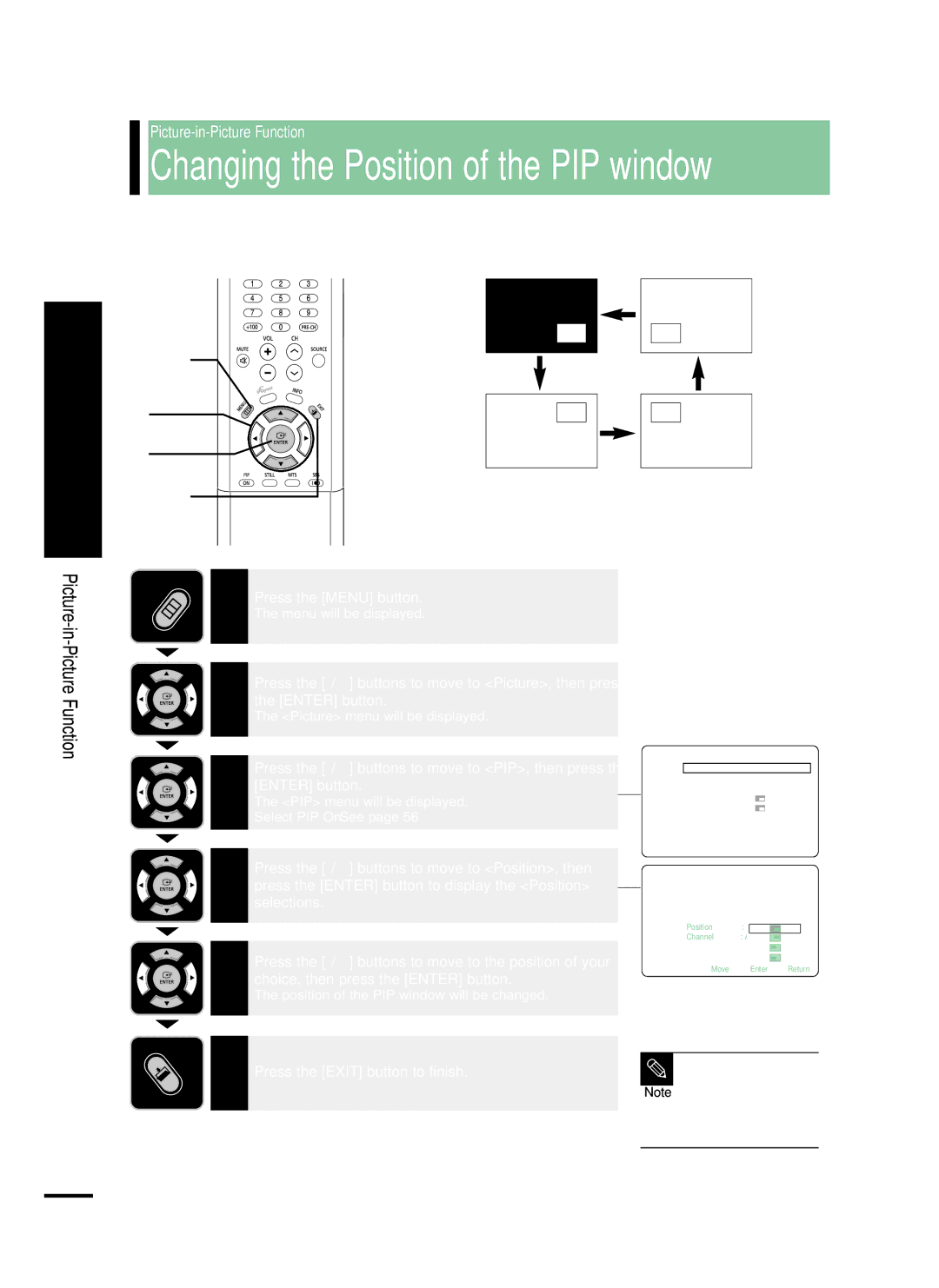 Samsung LT-P468W manual Changing the Position of the PIP window, Double 1 or Double 2 modes 