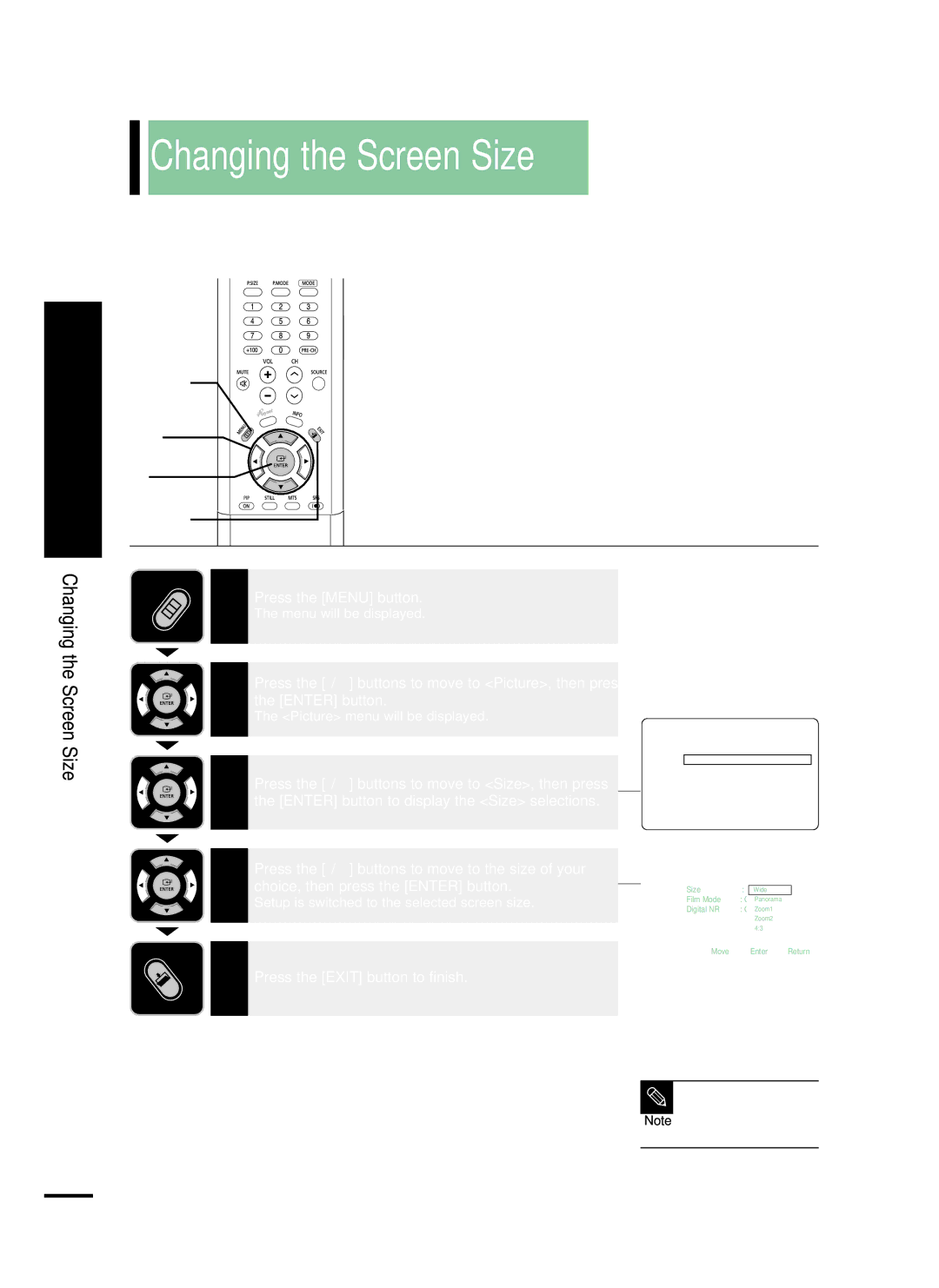 Samsung LT-P468W manual Changing the Screen Size, Setup is switched to the selected screen size, Sizes are available 