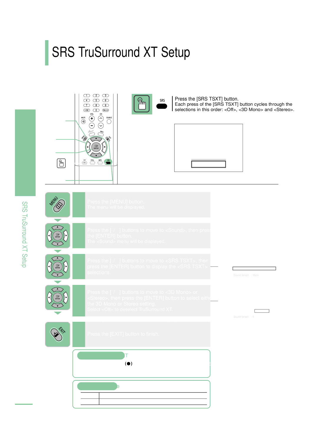 Samsung LT-P468W manual SRS TruSurround XT Setup, Press the SRS Tsxt button, SRS Tsxt Mode 