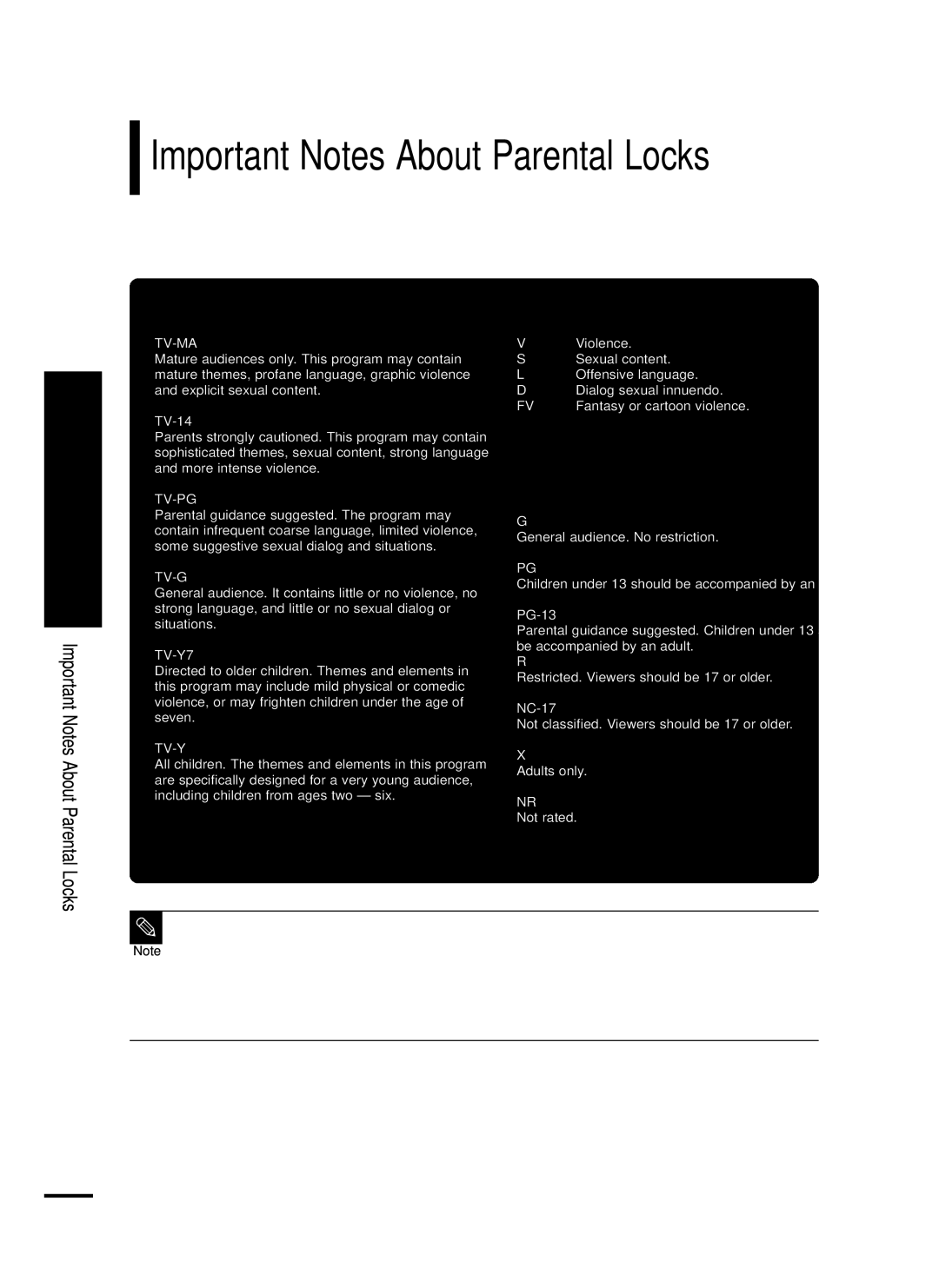 Samsung LT-P468W manual Important Notes About Parental Locks, Explanation of the Mpaa and TV FCC Rating Systems, Violence 