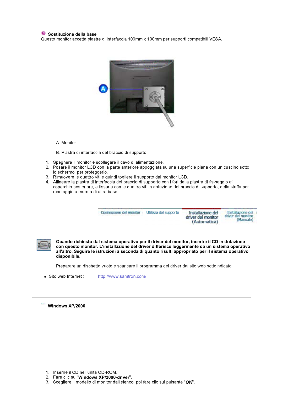 Samsung LT17GSESS/EDC manual Sostituzione della base, Fare clic su Windows XP/2000-driver 