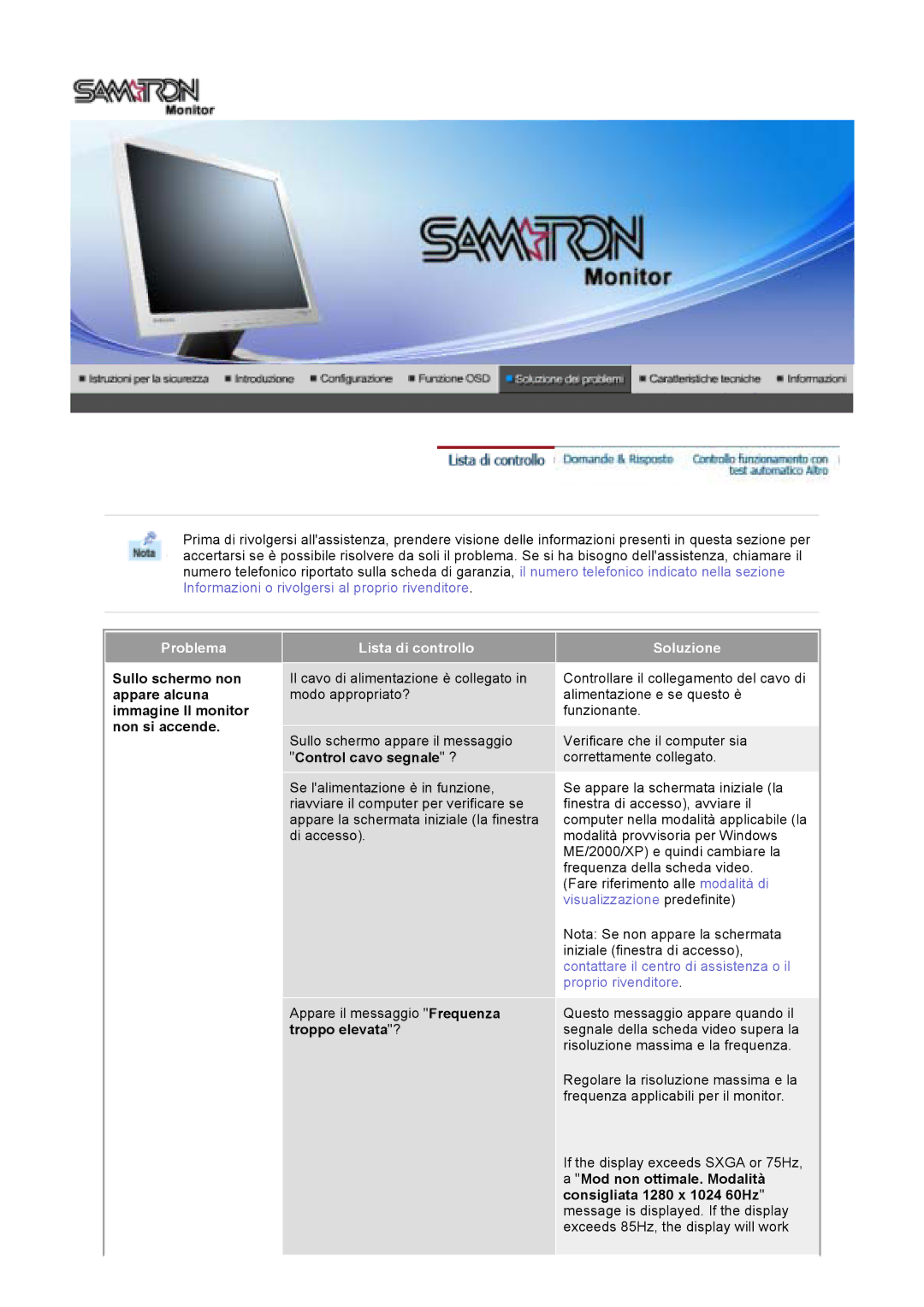 Samsung LT17GSESS/EDC manual Problema Lista di controllo 