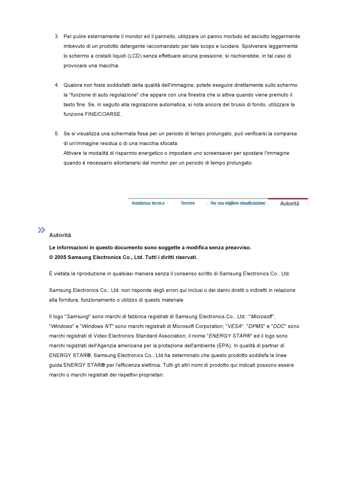 Samsung LT17GSESS/EDC manual Autorità 