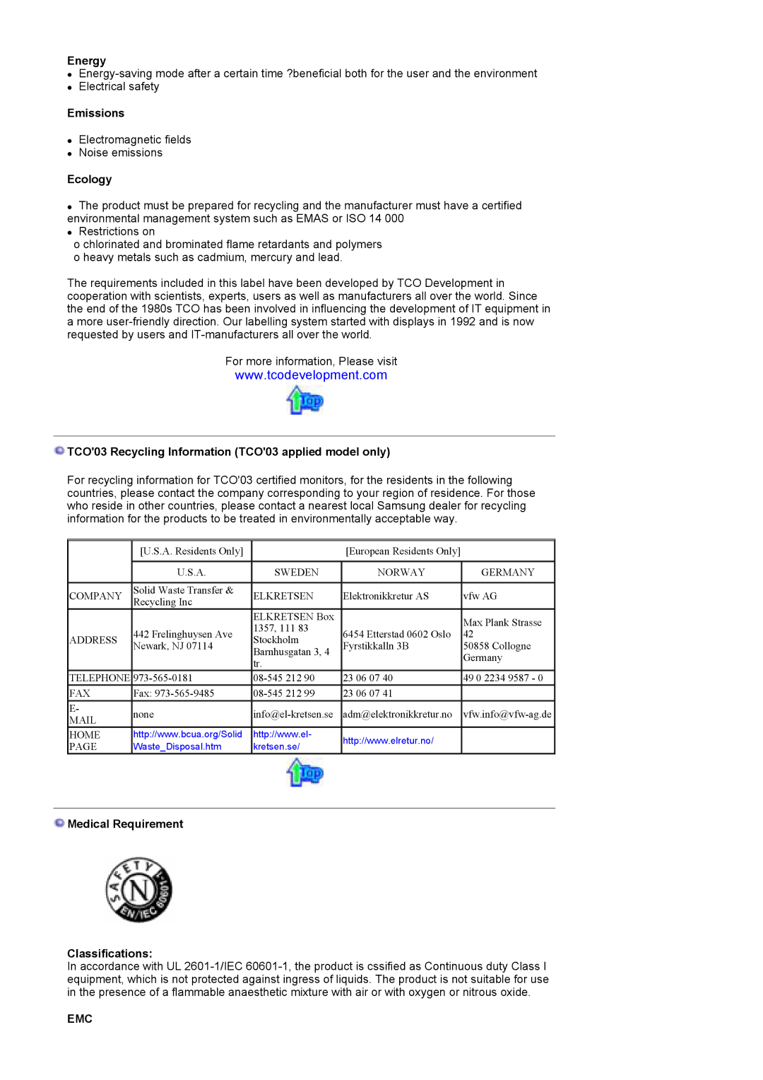 Samsung LT17GSESS/EDC manual Energy, Emissions, Ecology, TCO03 Recycling Information TCO03 applied model only 