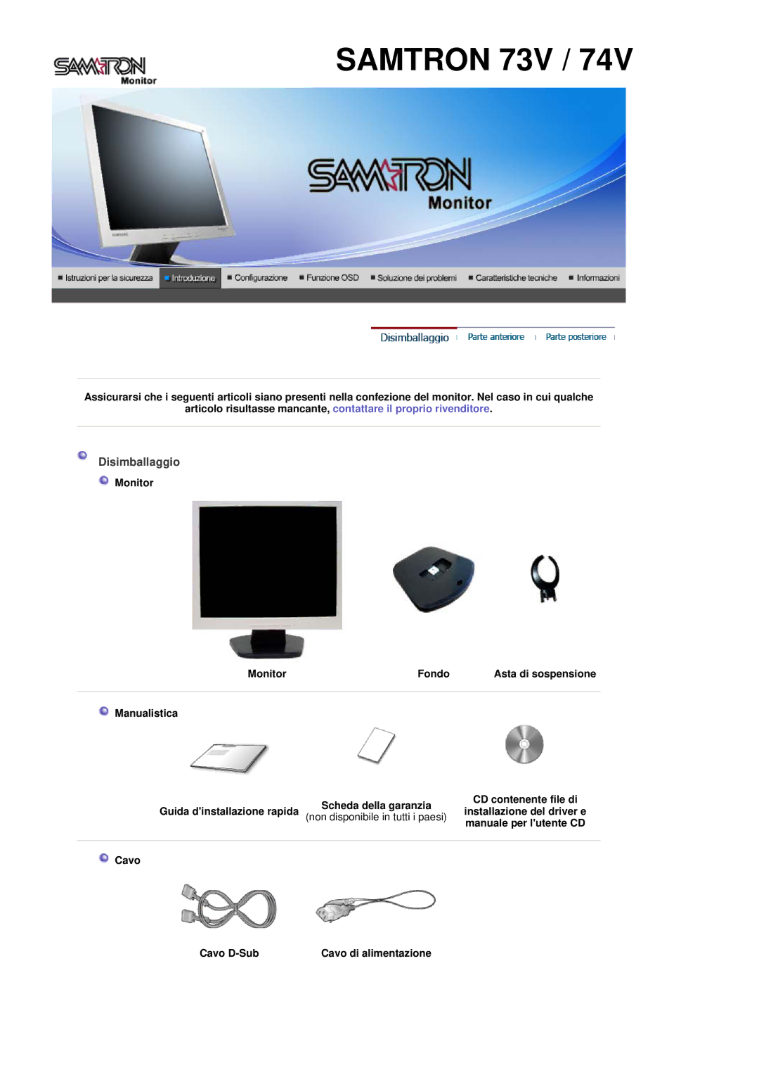 Samsung LT17GSESS/EDC manual Monitor Fondo, Manualistica Guida dinstallazione rapida, Non disponibile in tutti i paesi 