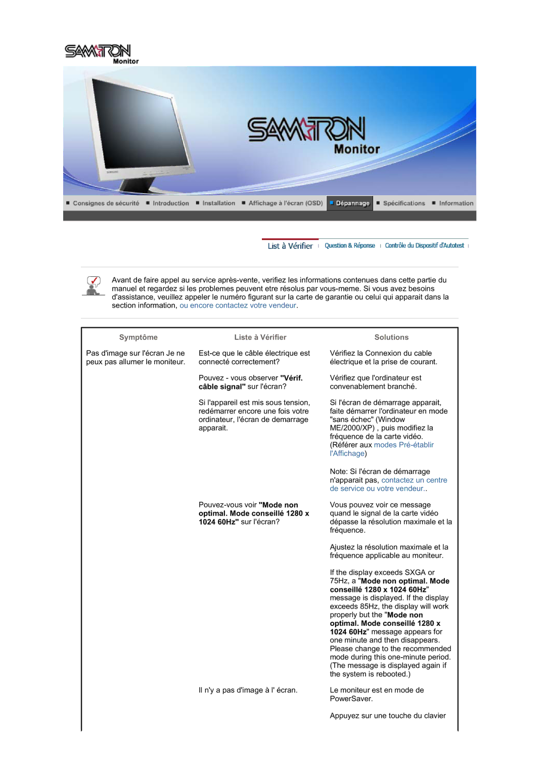 Samsung LT17GSESS/EDC, LT17GSESSZ/EDC manual Symptôme Liste à Vérifier, Câble signal sur lécran?, Solutions 