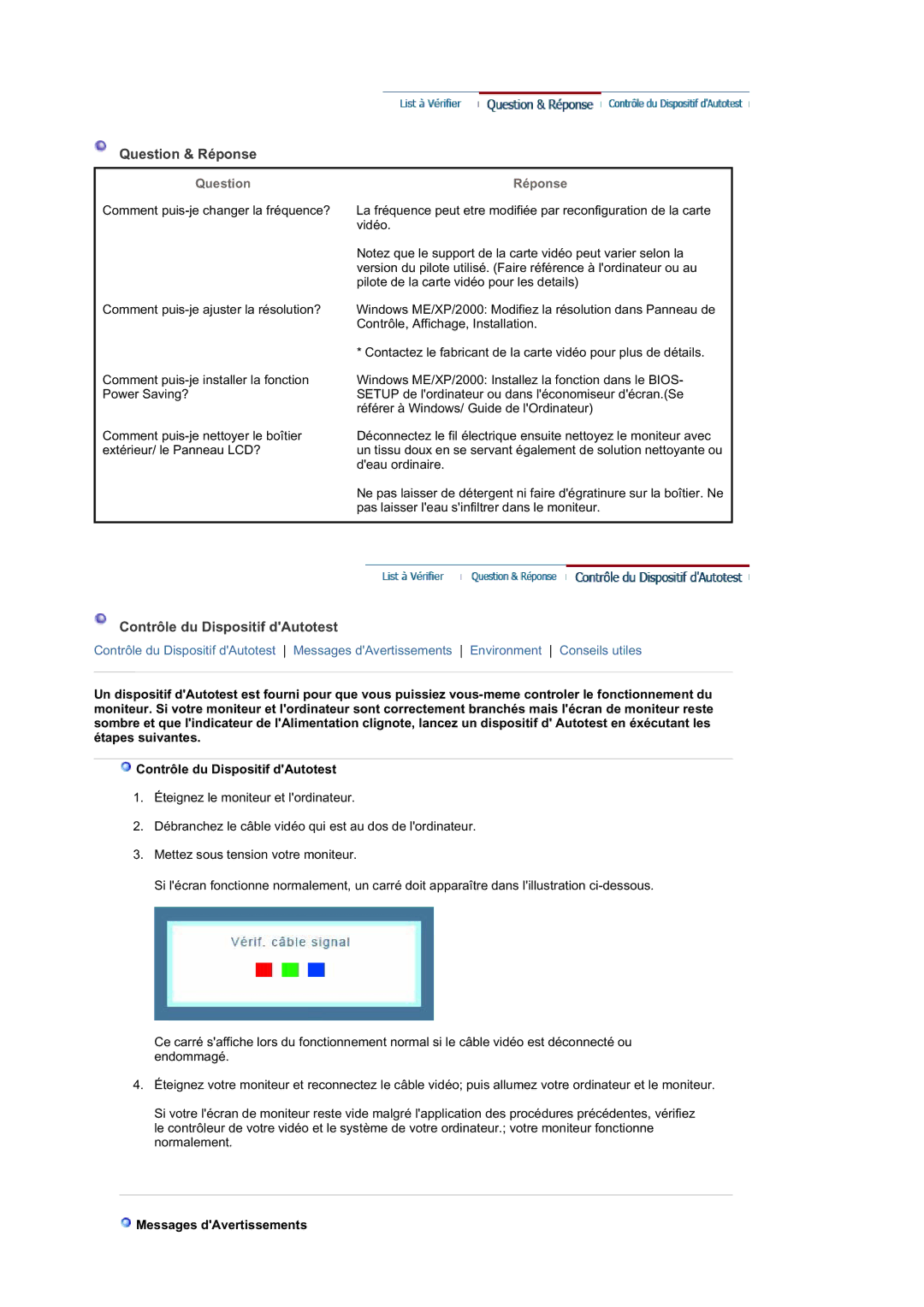 Samsung LT17GSESS/EDC, LT17GSESSZ/EDC manual Question, Réponse, Messages dAvertissements 