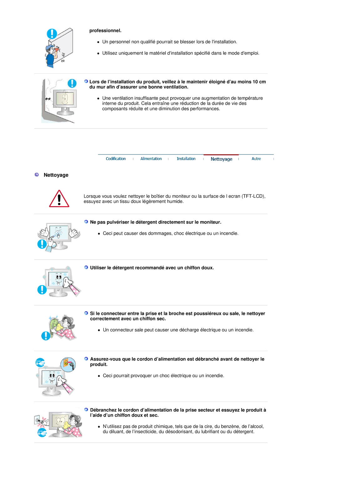 Samsung LT17GSESS/EDC, LT17GSESSZ/EDC Nettoyage, Professionnel, Ne pas pulvériser le détergent directement sur le moniteur 