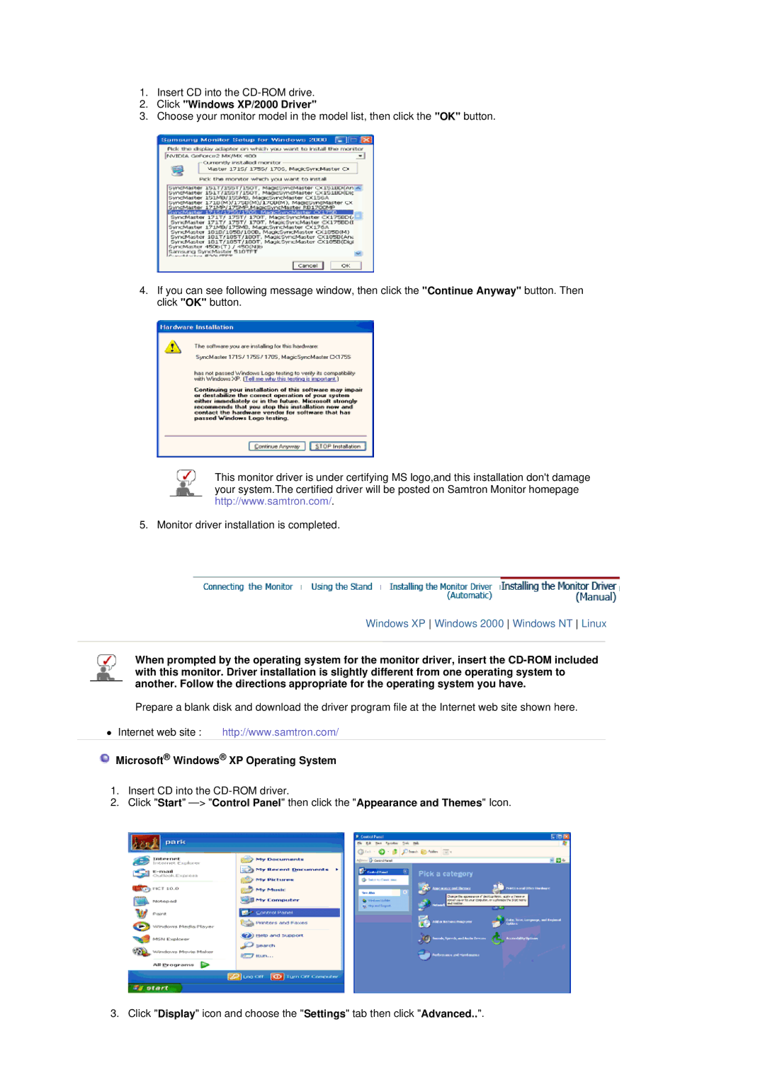 Samsung LT17GSESS/EDC, LT17GSESSZ/EDC manual Click Windows XP/2000 Driver, Microsoft Windows XP Operating System 