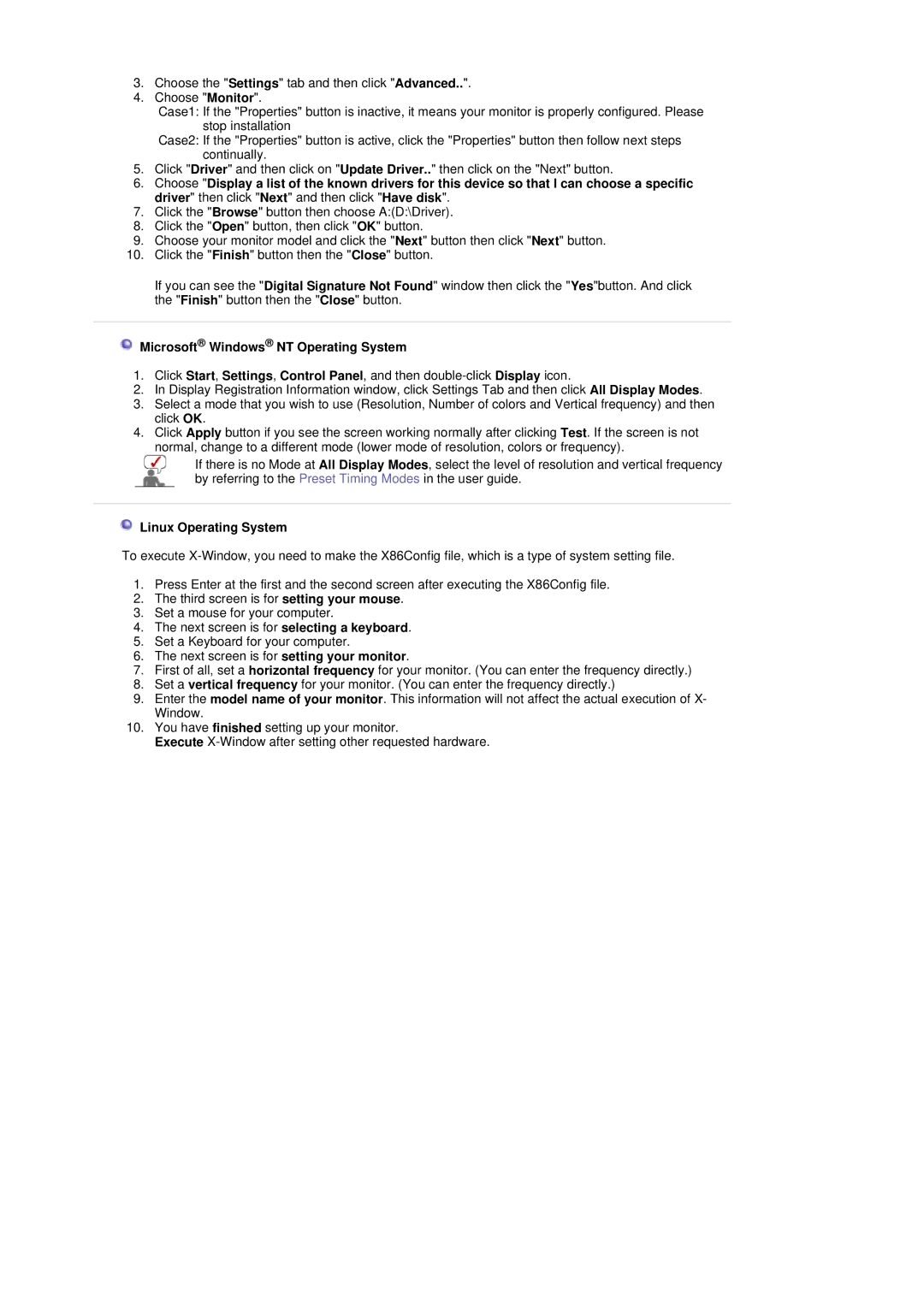 Samsung LT17GSESSZ/EDC, LT17GSESS/EDC manual Microsoft Windows NT Operating System, Linux Operating System 