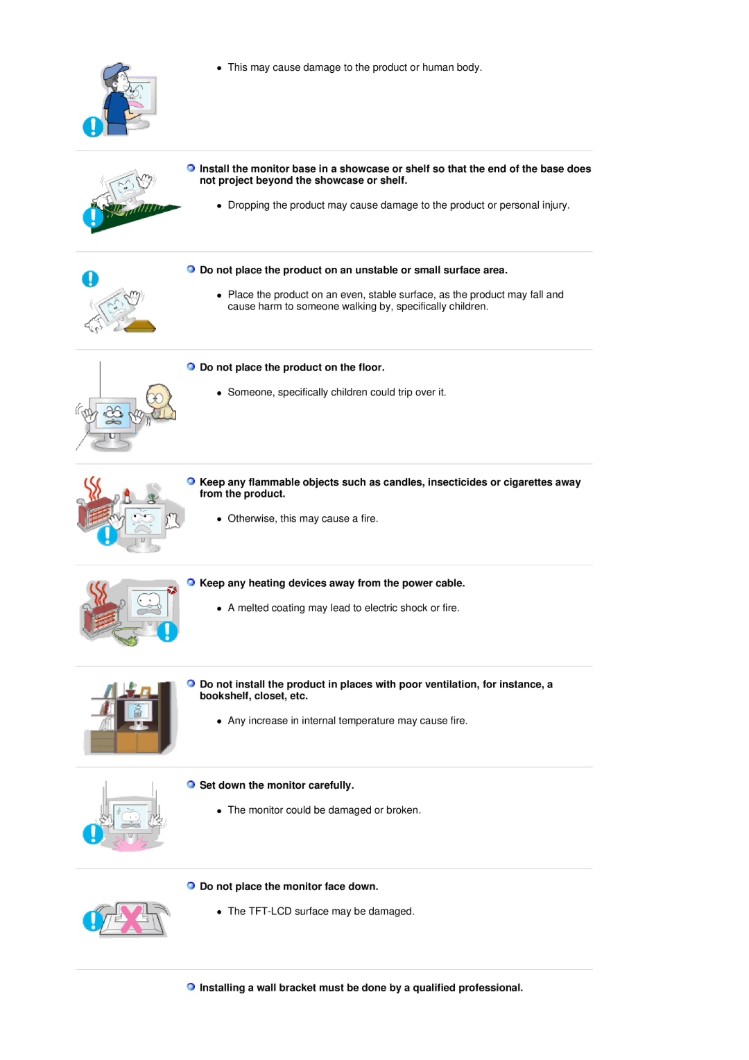 Samsung LT17GSESSZ/EDC manual Do not place the product on the floor, Keep any heating devices away from the power cable 