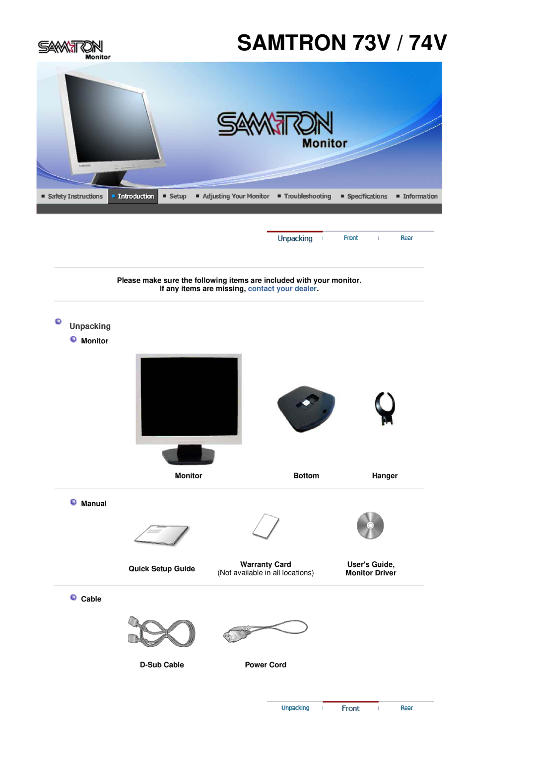 Samsung LT17GSESS/EDC manual Unpacking, Monitor Bottom Hanger Manual Quick Setup Guide, Not available in all locations 