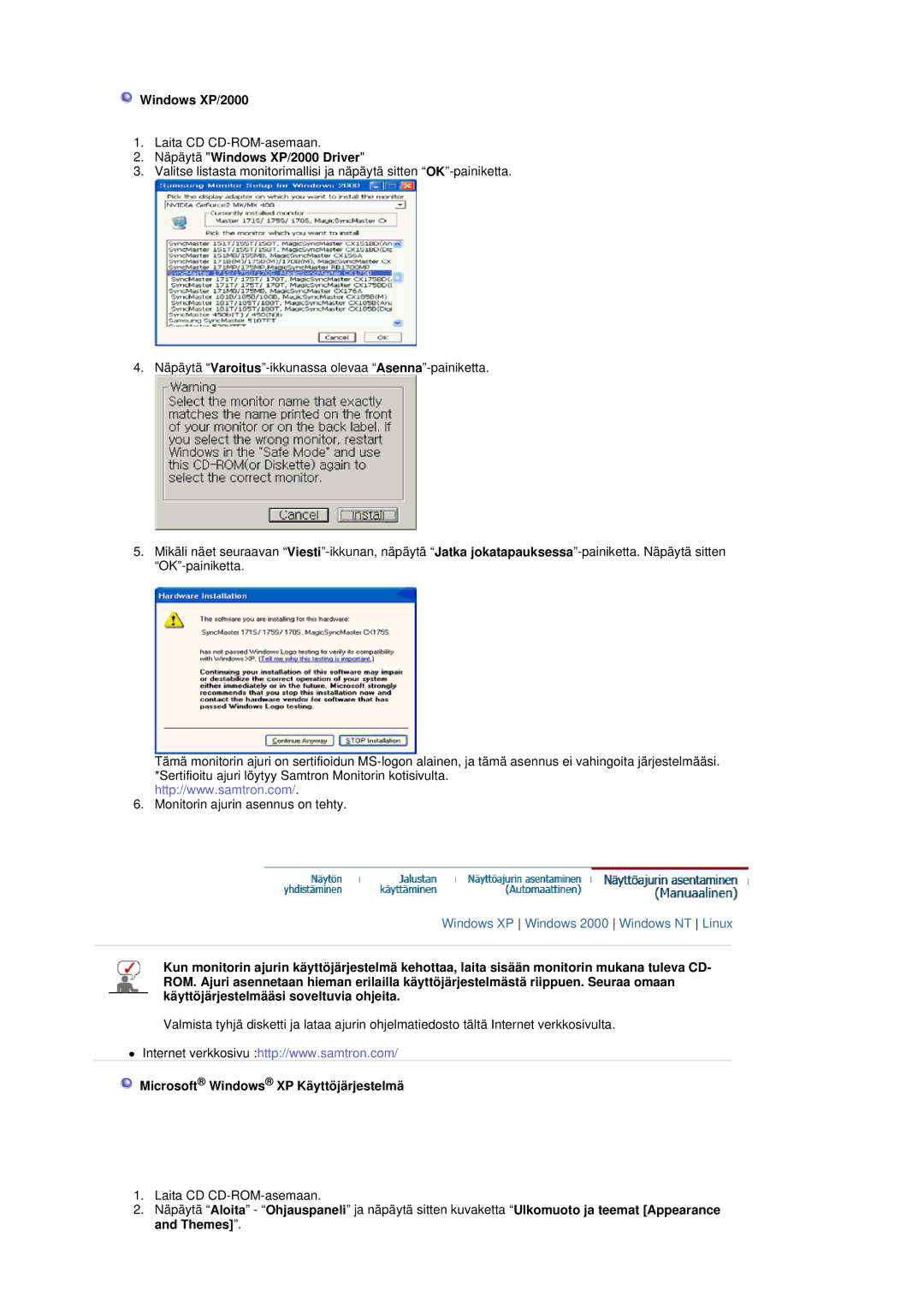 Samsung LT17GSESS/EDC, LT17GSESSZ/EDC manual Näpäytä Windows XP/2000 Driver, Microsoft Windows XP Käyttöjärjestelmä 