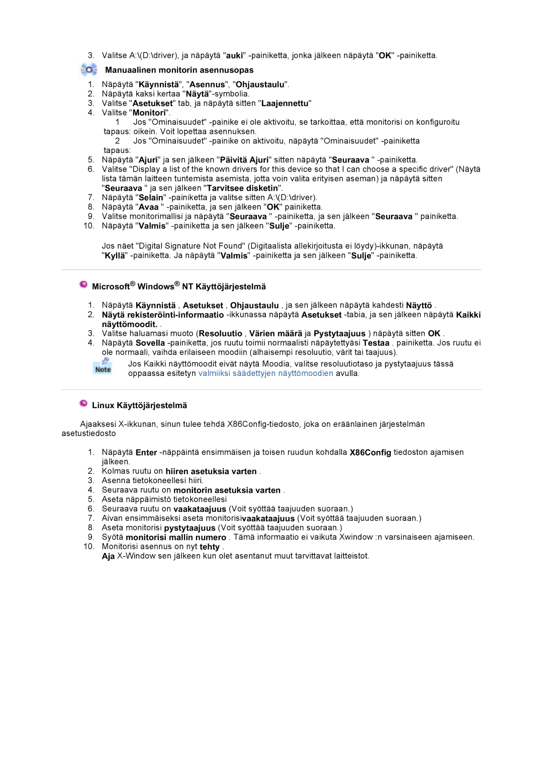 Samsung LT17GSESSZ/EDC, LT17GSESS/EDC manual Microsoft Windows NT Käyttöjärjestelmä, Linux Käyttöjärjestelmä 