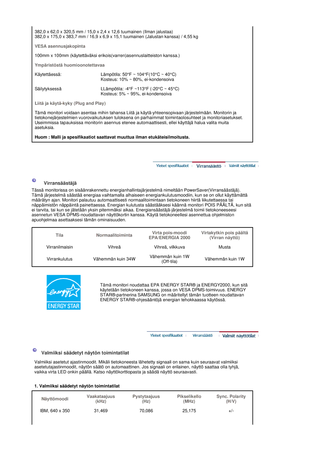 Samsung LT17GSESSZ/EDC, LT17GSESS/EDC manual Virransäästäjä, Valmiiksi säädetyt näytön toimintatilat 