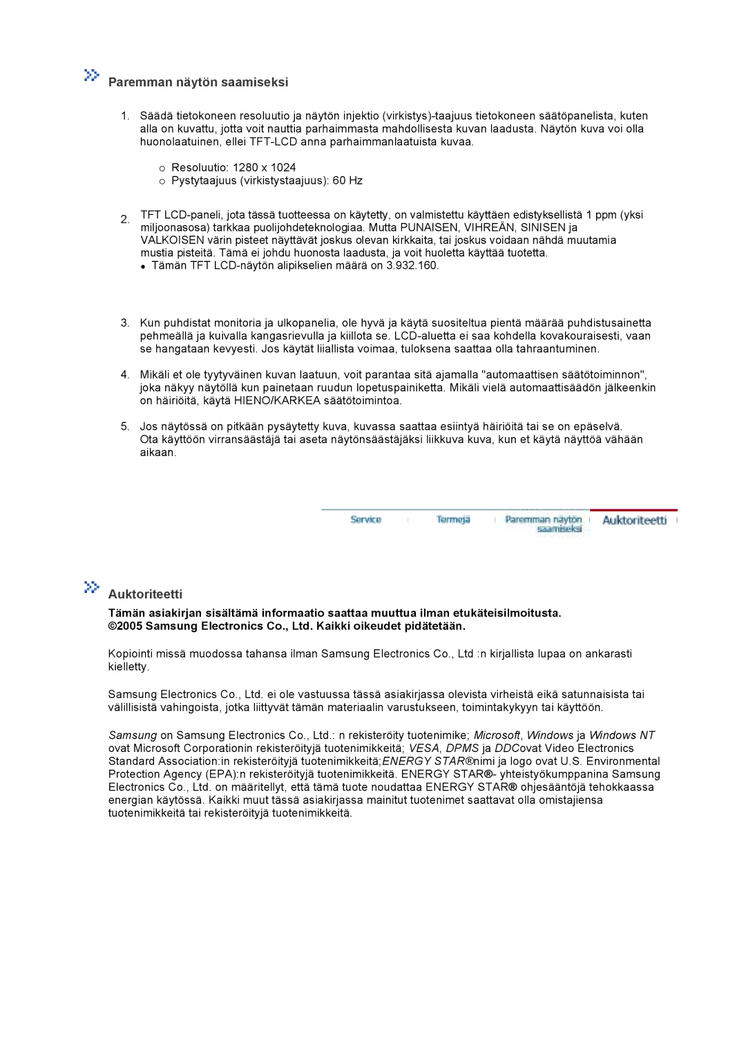 Samsung LT17GSESS/EDC, LT17GSESSZ/EDC manual Paremman näytön saamiseksi 