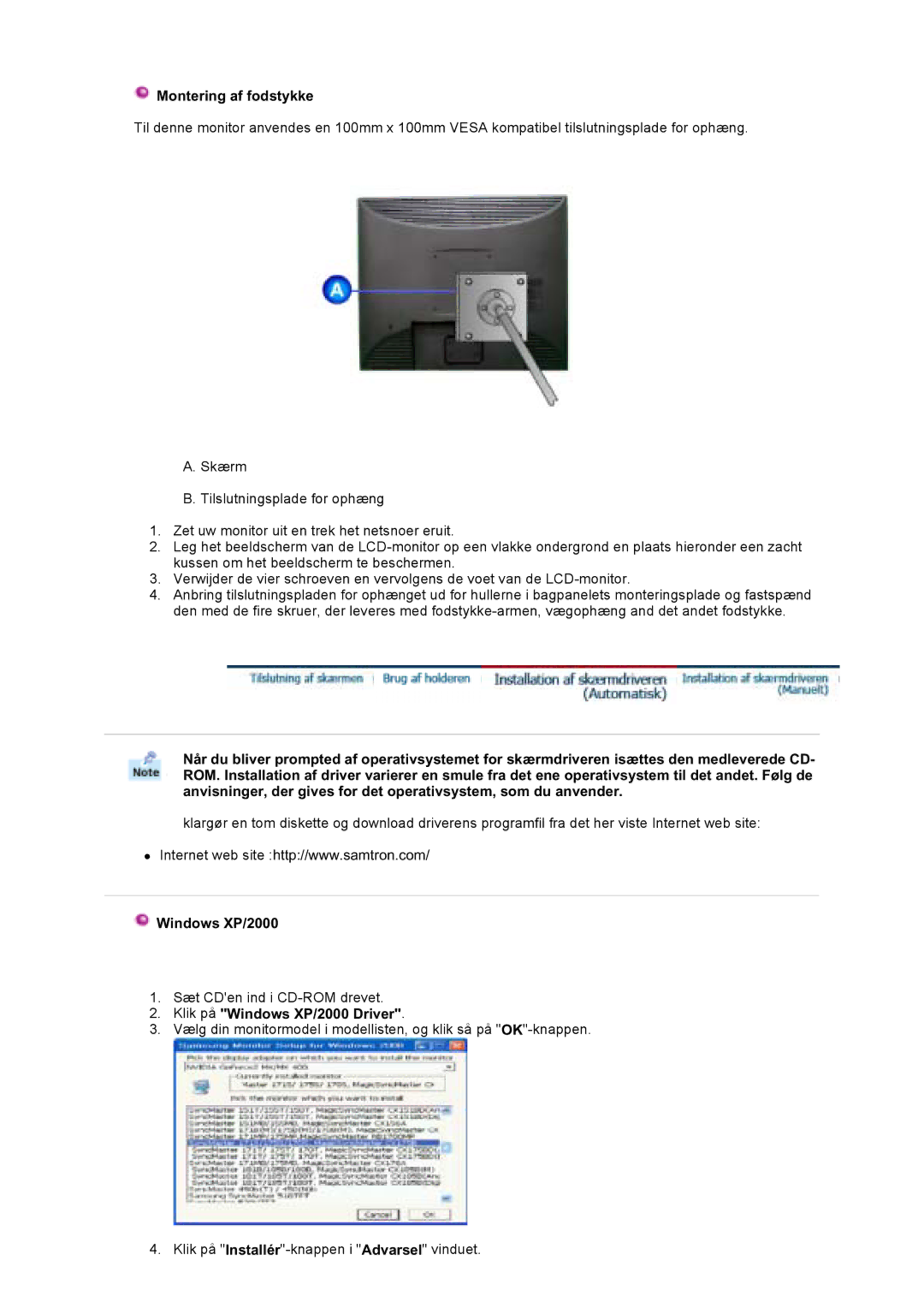 Samsung LT17GSESSZ/EDC, LT17GSESS/EDC manual Montering af fodstykke, Klik på Windows XP/2000 Driver 