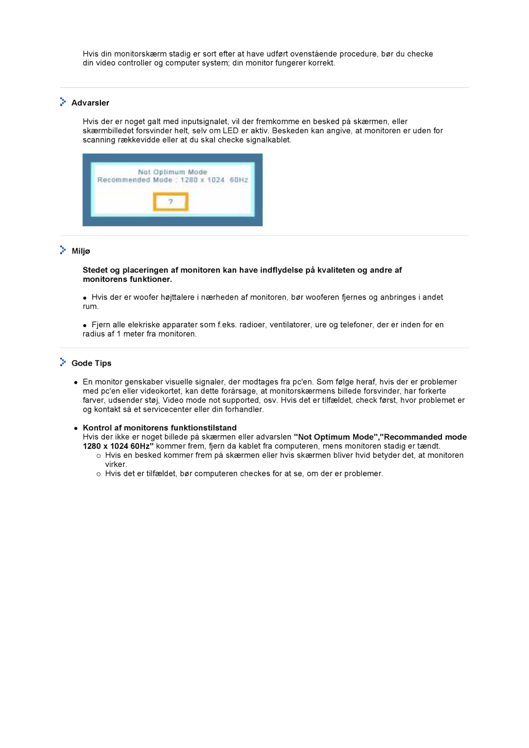 Samsung LT17GSESSZ/EDC, LT17GSESS/EDC manual Advarsler, Gode Tips, Kontrol af monitorens funktionstilstand 