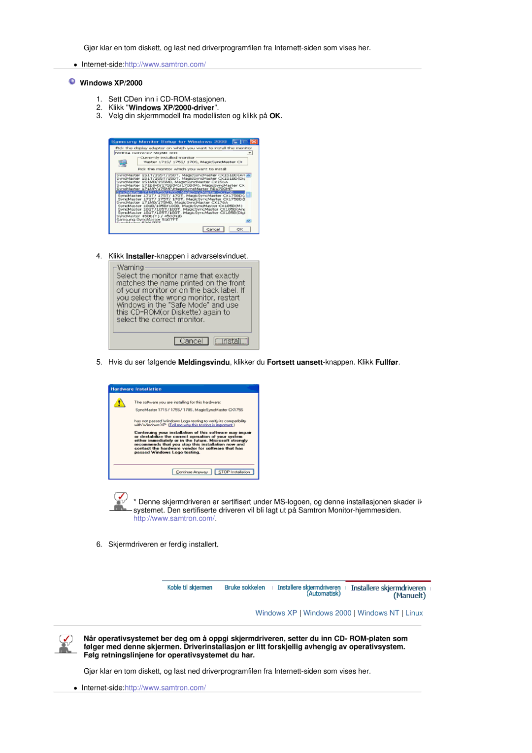 Samsung LT17GSESS/EDC, LT17GSESSZ/EDC manual Klikk Windows XP/2000-driver 