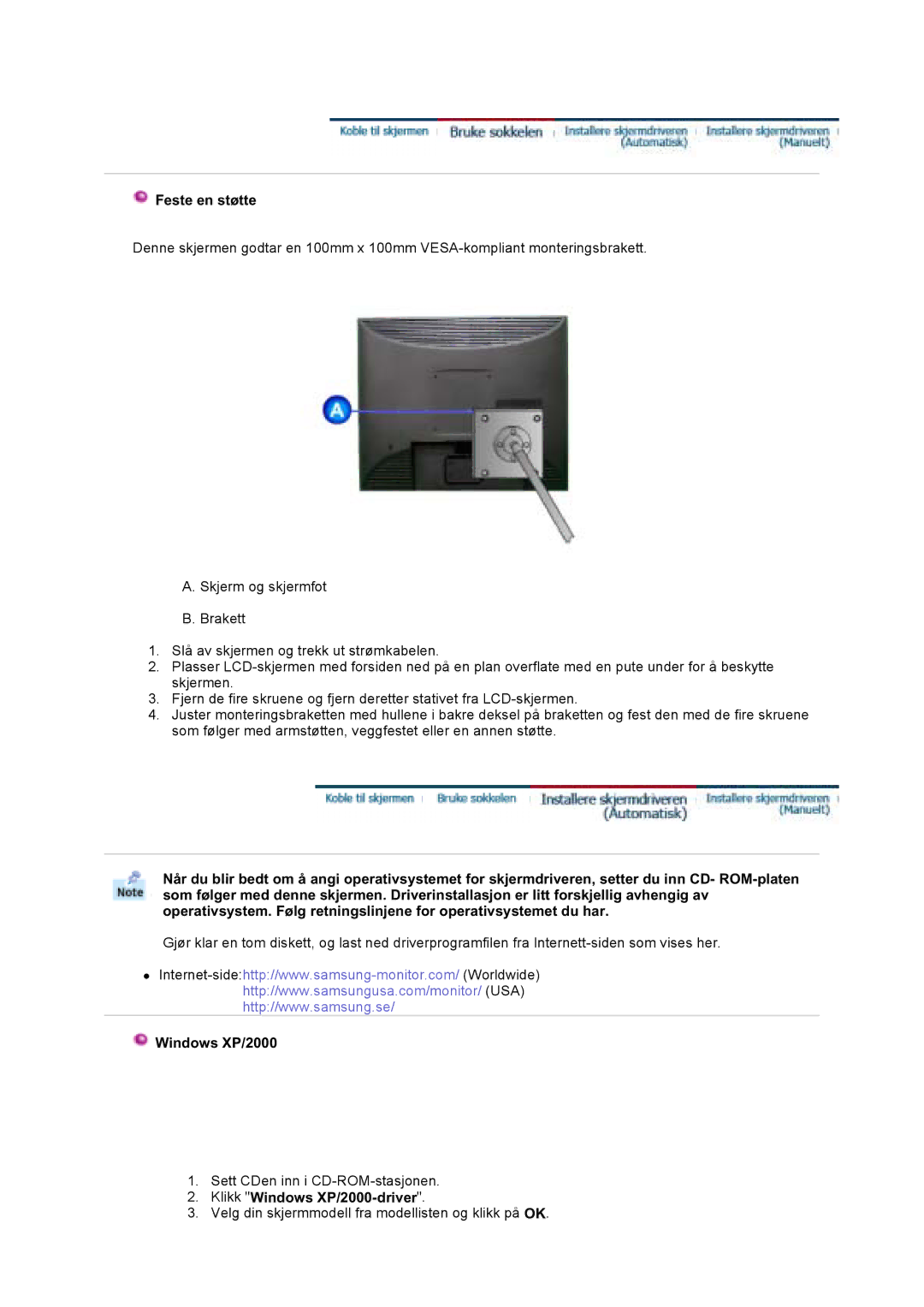 Samsung LT17GSESSZ/EDC, LT17GSESS/EDC manual Feste en støtte, Klikk Windows XP/2000-driver 