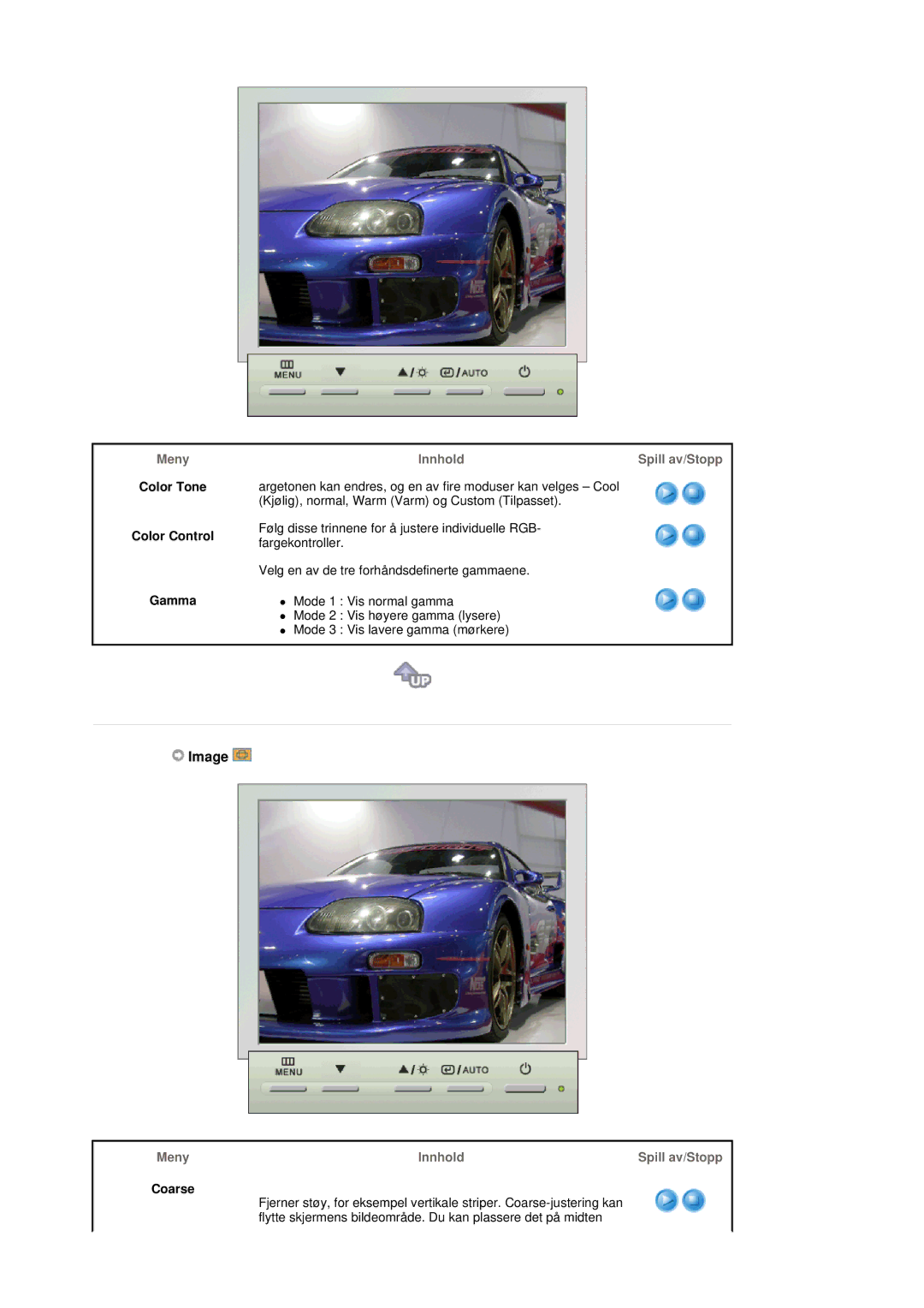 Samsung LT17GSESS/EDC, LT17GSESSZ/EDC manual Image, Color Tone Color Control Gamma, Meny Innhold Spill av/Stopp, Coarse 