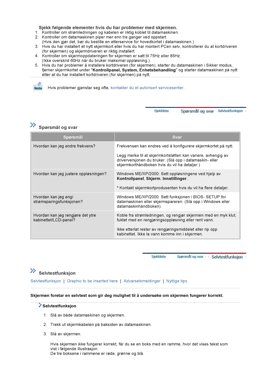 Samsung LT17GSESSZ/EDC, LT17GSESS/EDC manual Sjekk følgende elementer hvis du har problemer med skjermen 