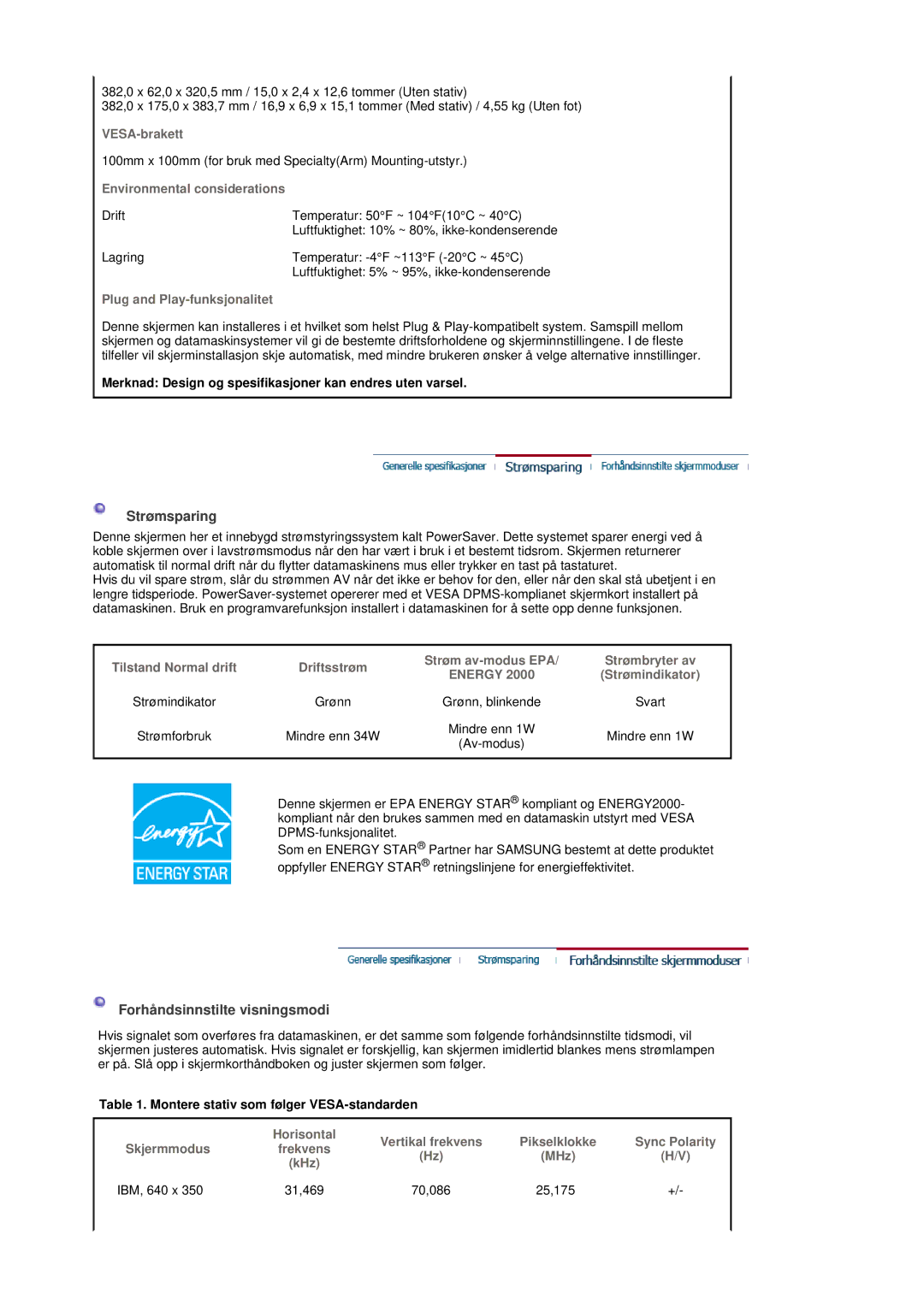 Samsung LT17GSESS/EDC VESA-brakett, Environmental considerations, Plug and Play-funksjonalitet, Sync Polarity, Skjermmodus 