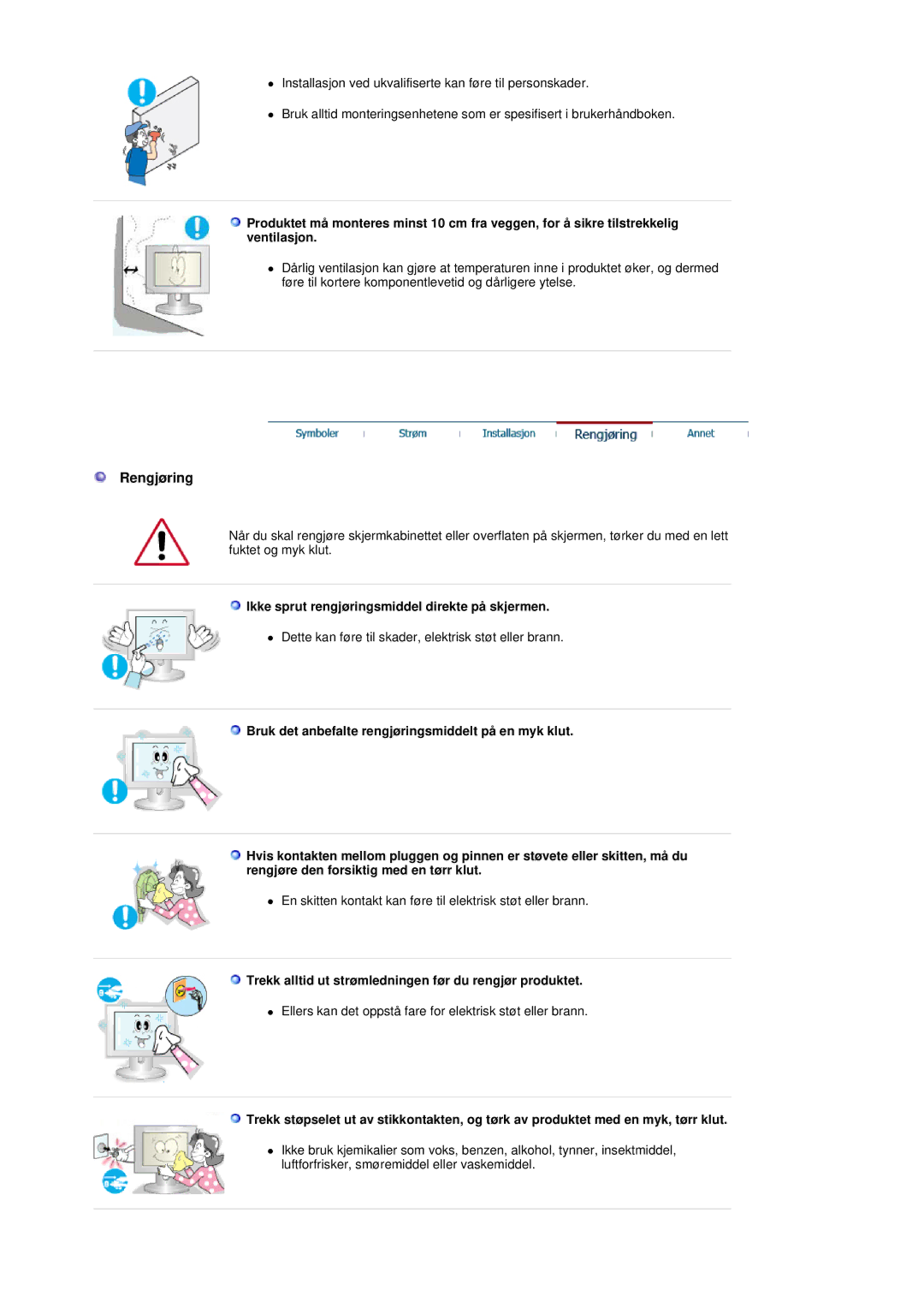 Samsung LT17GSESS/EDC, LT17GSESSZ/EDC manual Rengjøring, Ikke sprut rengjøringsmiddel direkte på skjermen 