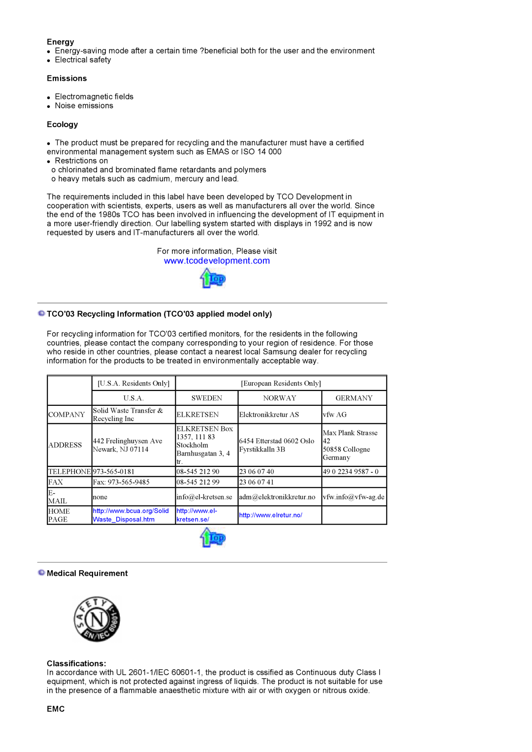 Samsung LT17GSESSZ/EDC, LT17GSESS/EDC Energy, Emissions, Ecology, TCO03 Recycling Information TCO03 applied model only 