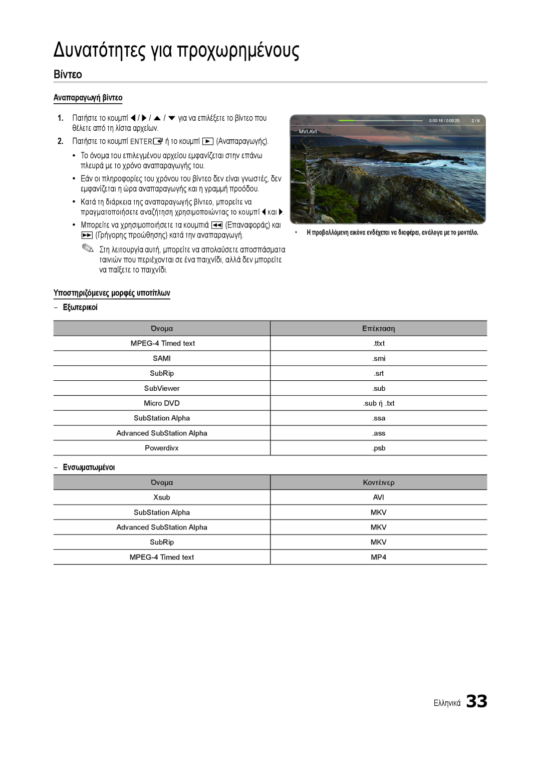 Samsung LT24C300EW/EN manual Βίντεο, Αναπαραγωγή βίντεο, Υποστηριζόμενες μορφές υποτίτλων Εξωτερικοί, Ενσωματωμένοι 